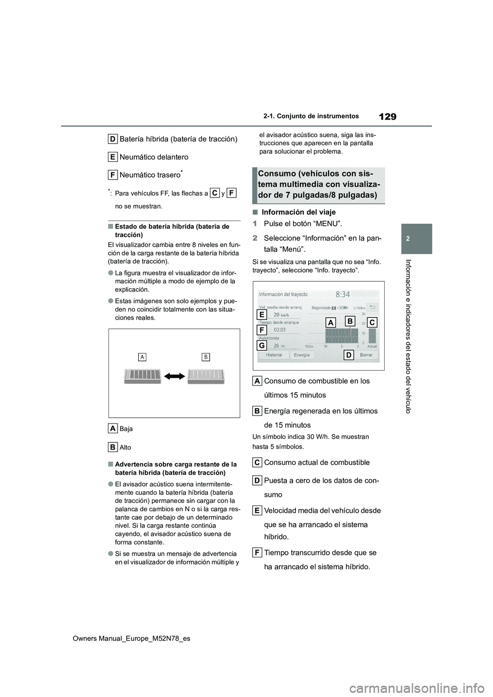 TOYOTA YARIS CROSS 2023  Manual del propietario (in Spanish) 129
2
Owners Manual_Europe_M52N78_es
2-1. Conjunto de instrumentos
Información e indicadores del estado del vehículo
Batería híbrida (batería de tracción) 
Neumático delantero
Neumático traser