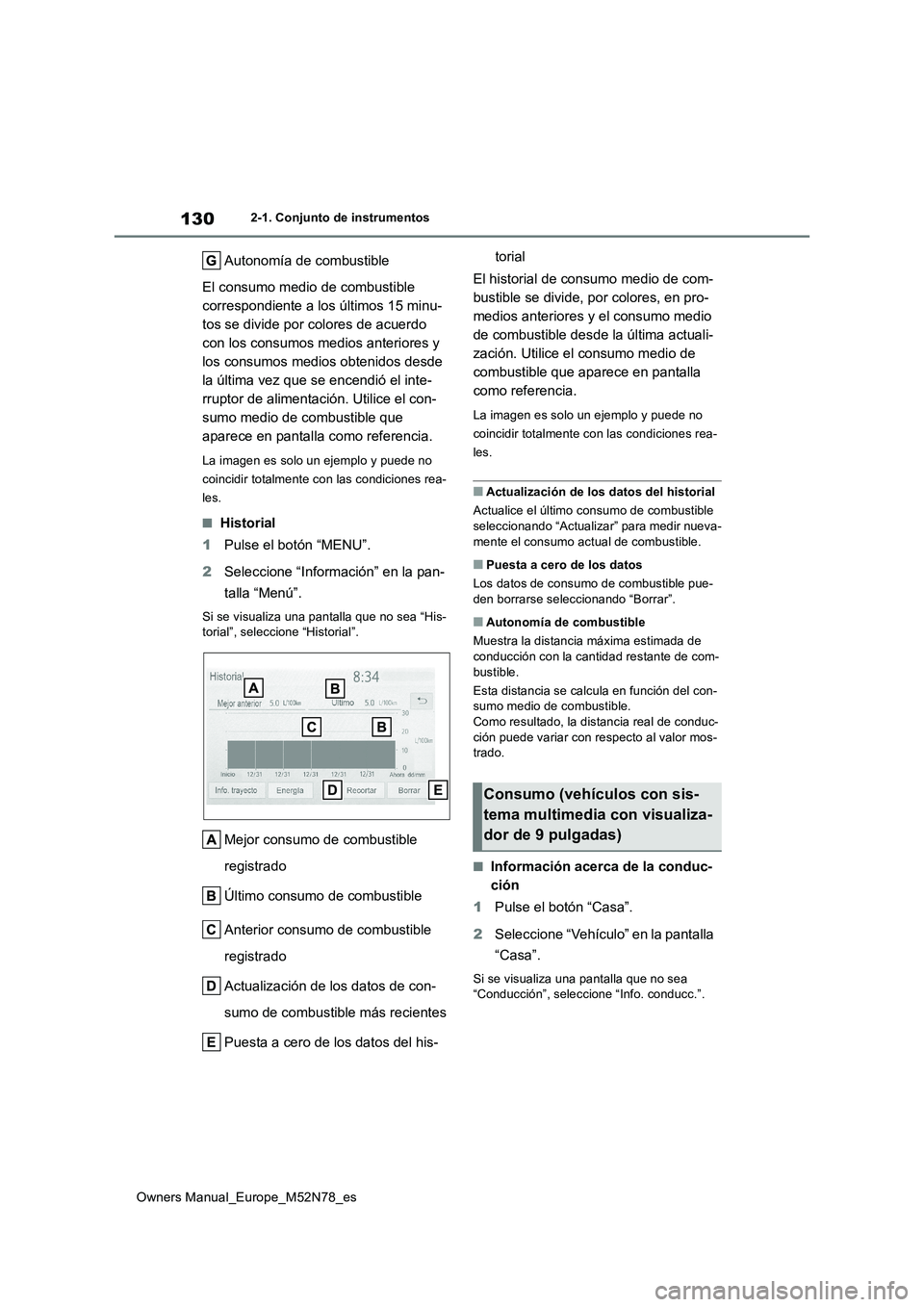 TOYOTA YARIS CROSS 2023  Manual del propietario (in Spanish) 130
Owners Manual_Europe_M52N78_es
2-1. Conjunto de instrumentos
Autonomía de combustible 
El consumo medio de combustible  
correspondiente a los últimos 15 minu-
tos se divide por colores de acuer