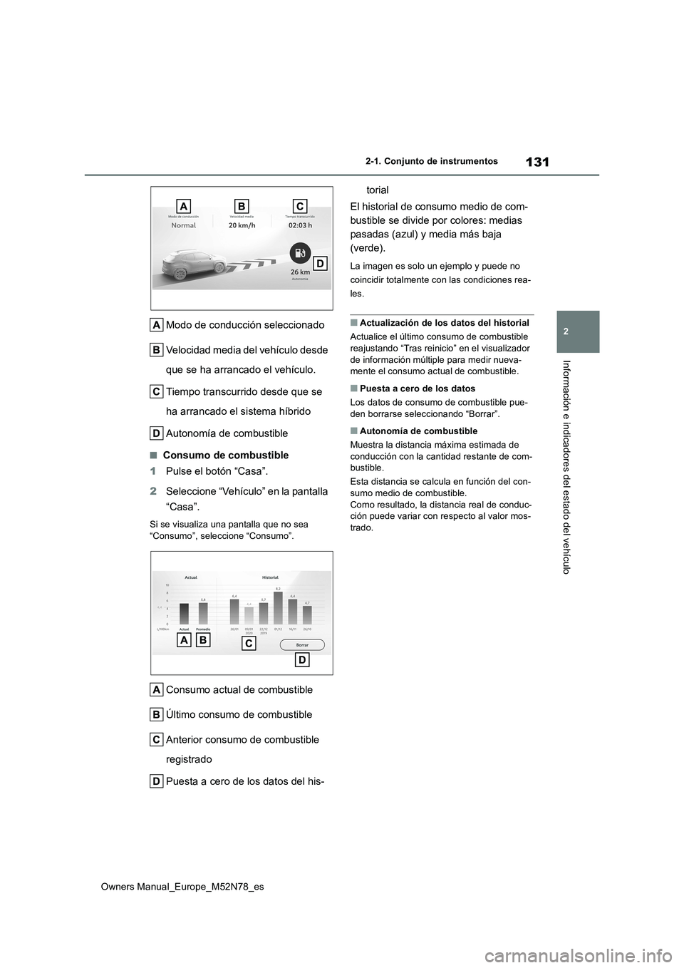 TOYOTA YARIS CROSS 2023  Manual del propietario (in Spanish) 131
2
Owners Manual_Europe_M52N78_es
2-1. Conjunto de instrumentos
Información e indicadores del estado del vehículo
Modo de conducción seleccionado 
Velocidad media del vehículo desde  
que se ha