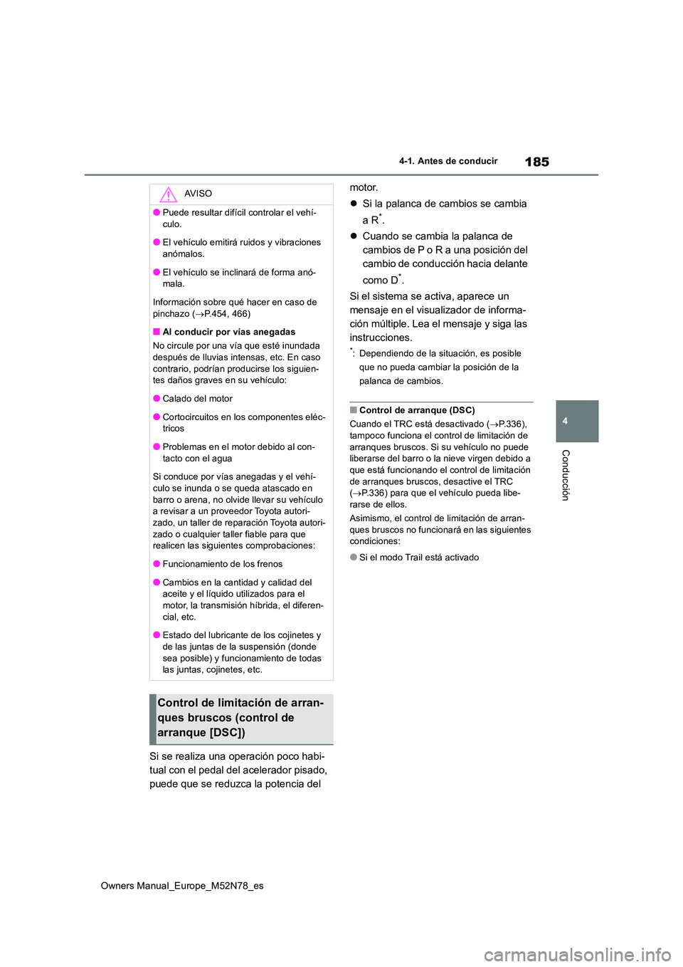 TOYOTA YARIS CROSS 2023 Manual del propietario (in Spanish) 185
4
Owners Manual_Europe_M52N78_es
4-1. Antes de conducir
Conducción
Si se realiza una operación poco habi-
tual con el pedal del acelerador pisado,
puede que se reduzca la potencia del
motor. TOYOTA YARIS CROSS 2023 Manual del propietario (in Spanish) 185
4
Owners Manual_Europe_M52N78_es
4-1. Antes de conducir
Conducción
Si se realiza una operación poco habi-
tual con el pedal del acelerador pisado,
puede que se reduzca la potencia del
motor.
