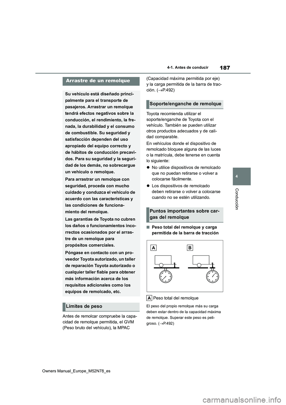 TOYOTA YARIS CROSS 2023 Manual del propietario (in Spanish) 187
4
Owners Manual_Europe_M52N78_es
4-1. Antes de conducir
Conducción
Antes de remolcar compruebe la capa-
cidad de remolque permitida, el GVM
(Peso bruto del vehículo), la MPAC
(Capacidad máx TOYOTA YARIS CROSS 2023 Manual del propietario (in Spanish) 187
4
Owners Manual_Europe_M52N78_es
4-1. Antes de conducir
Conducción
Antes de remolcar compruebe la capa-
cidad de remolque permitida, el GVM
(Peso bruto del vehículo), la MPAC
(Capacidad máx