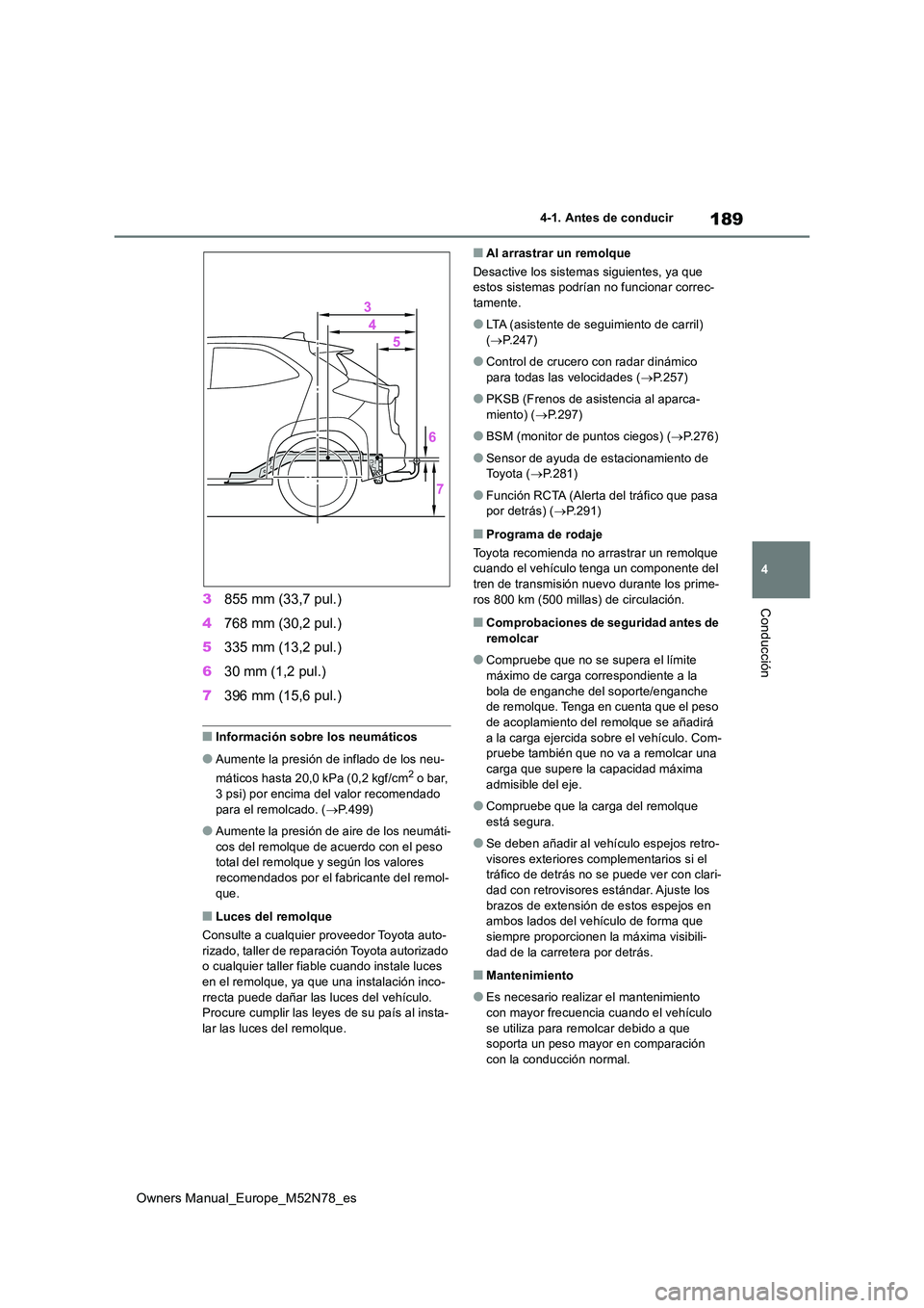 TOYOTA YARIS CROSS 2023 Manual del propietario (in Spanish) 189
4
Owners Manual_Europe_M52N78_es
4-1. Antes de conducir
Conducción3855 mm (33,7 pul.)
4 768 mm (30,2 pul.)
5 335 mm (13,2 pul.)
6 30 mm (1,2 pul.)
7 396 mm (15,6 pul.)
■Información sobre l TOYOTA YARIS CROSS 2023 Manual del propietario (in Spanish) 189
4
Owners Manual_Europe_M52N78_es
4-1. Antes de conducir
Conducción3855 mm (33,7 pul.)
4 768 mm (30,2 pul.)
5 335 mm (13,2 pul.)
6 30 mm (1,2 pul.)
7 396 mm (15,6 pul.)
■Información sobre l