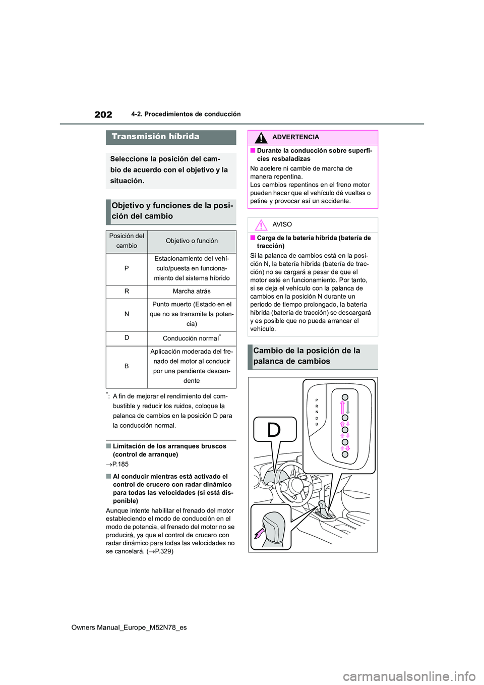 TOYOTA YARIS CROSS 2023 Manual del propietario (in Spanish) 202
Owners Manual_Europe_M52N78_es
4-2. Procedimientos de conducción
*: A fin de mejorar el rendimiento del com-
bustible y reducir los ruidos, coloque la
palanca de cambios en la posición D para TOYOTA YARIS CROSS 2023 Manual del propietario (in Spanish) 202
Owners Manual_Europe_M52N78_es
4-2. Procedimientos de conducción
*: A fin de mejorar el rendimiento del com-
bustible y reducir los ruidos, coloque la
palanca de cambios en la posición D para