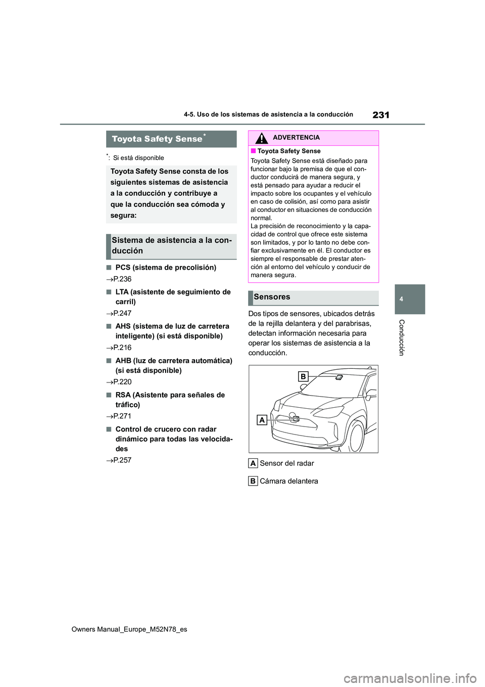 TOYOTA YARIS CROSS 2023 Manual del propietario (in Spanish) 231
4
Owners Manual_Europe_M52N78_es
4-5. Uso de los sistemas de asistencia a la conducción
Conducción
4-5.Uso de los siste ma s de asistencia a la c onduc ció n
*: Si está disponible
■PCS (sis TOYOTA YARIS CROSS 2023 Manual del propietario (in Spanish) 231
4
Owners Manual_Europe_M52N78_es
4-5. Uso de los sistemas de asistencia a la conducción
Conducción
4-5.Uso de los siste ma s de asistencia a la c onduc ció n
*: Si está disponible
■PCS (sis