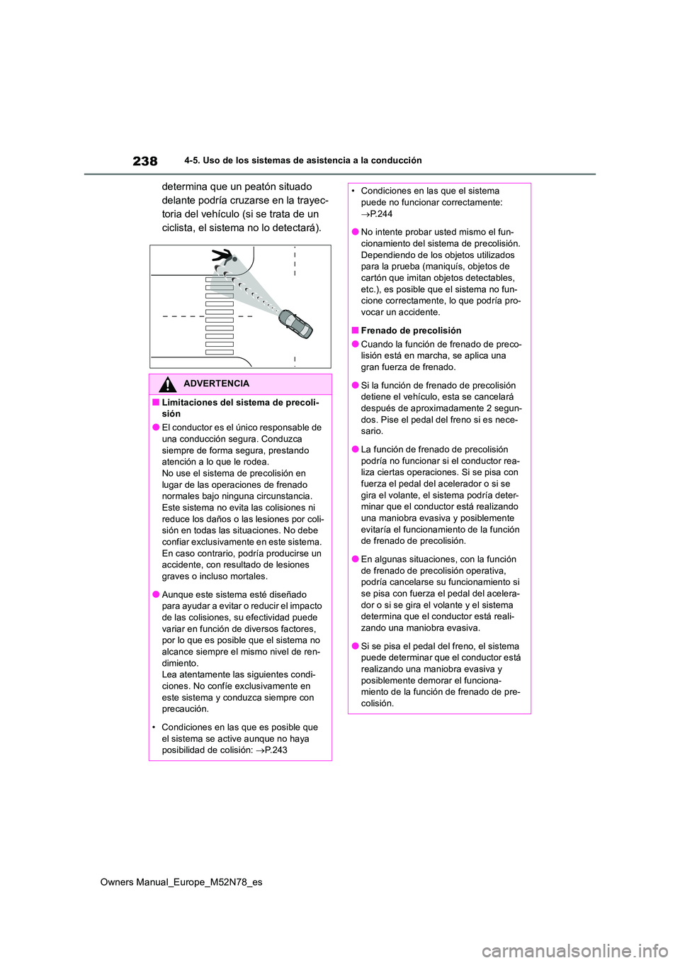 TOYOTA YARIS CROSS 2023 Manual del propietario (in Spanish) 238
Owners Manual_Europe_M52N78_es
4-5. Uso de los sistemas de asistencia a la conducción
determina que un peatón situado
delante podría cruzarse en la trayec-
toria del vehículo (si se trata de TOYOTA YARIS CROSS 2023 Manual del propietario (in Spanish) 238
Owners Manual_Europe_M52N78_es
4-5. Uso de los sistemas de asistencia a la conducción
determina que un peatón situado
delante podría cruzarse en la trayec-
toria del vehículo (si se trata de