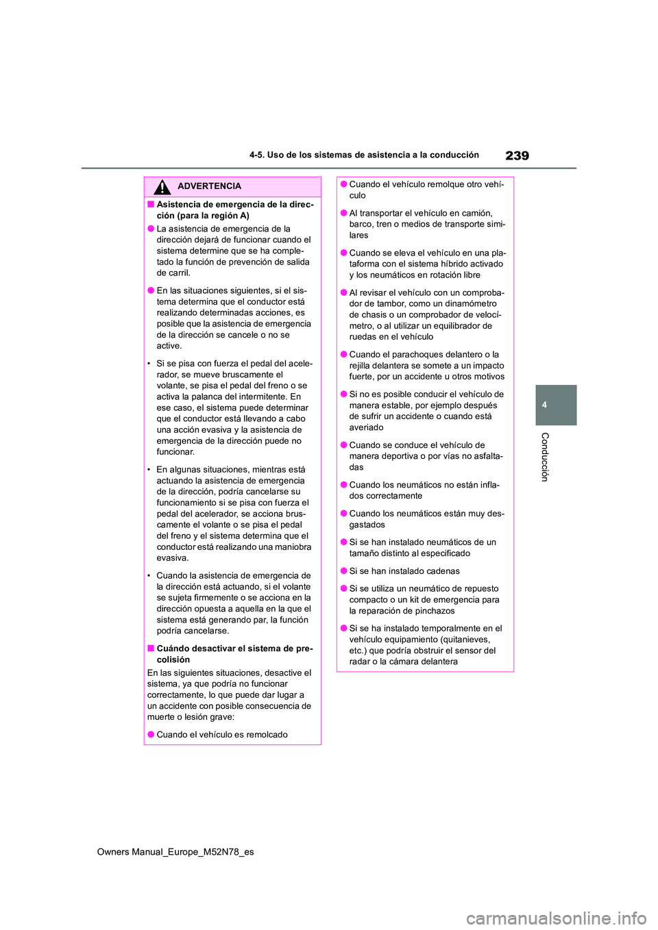 TOYOTA YARIS CROSS 2023  Manual del propietario (in Spanish) 239
4
Owners Manual_Europe_M52N78_es
4-5. Uso de los sistemas de asistencia a la conducción
Conducción
ADVERTENCIA
■Asistencia de emergencia de la direc- 
ción (para la región A)
●La asistenci