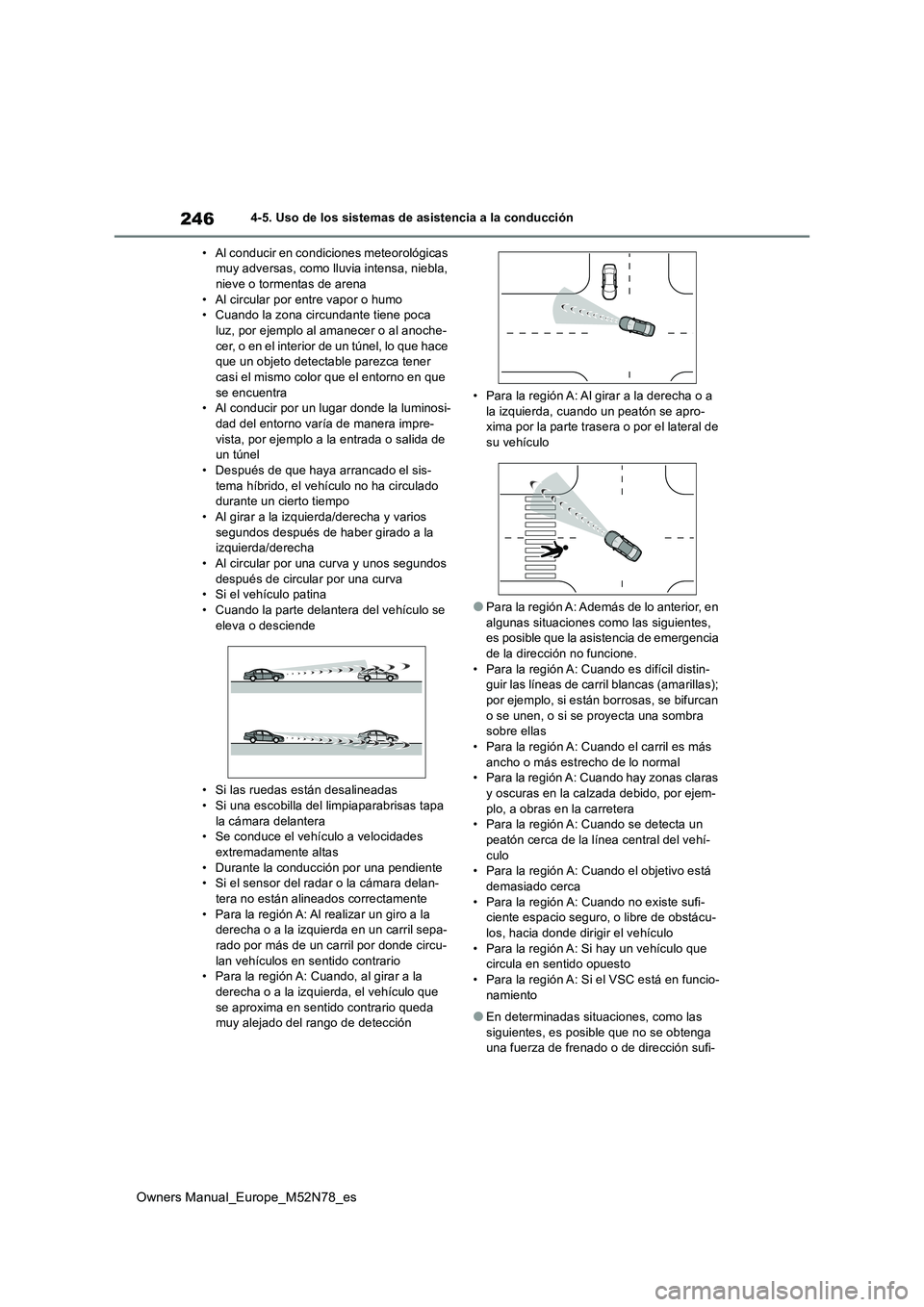 TOYOTA YARIS CROSS 2023  Manual del propietario (in Spanish) 246
Owners Manual_Europe_M52N78_es
4-5. Uso de los sistemas de asistencia a la conducción 
• Al conducir en condiciones meteorológicas  muy adversas, como lluvia intensa, niebla, nieve o tormentas