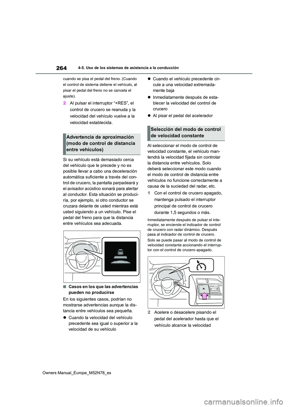 TOYOTA YARIS CROSS 2023  Manual del propietario (in Spanish) 264
Owners Manual_Europe_M52N78_es
4-5. Uso de los sistemas de asistencia a la conducción 
cuando se pisa el pedal del freno. (Cuando  
el control de sistema detiene el vehículo, al 
pisar el pedal 