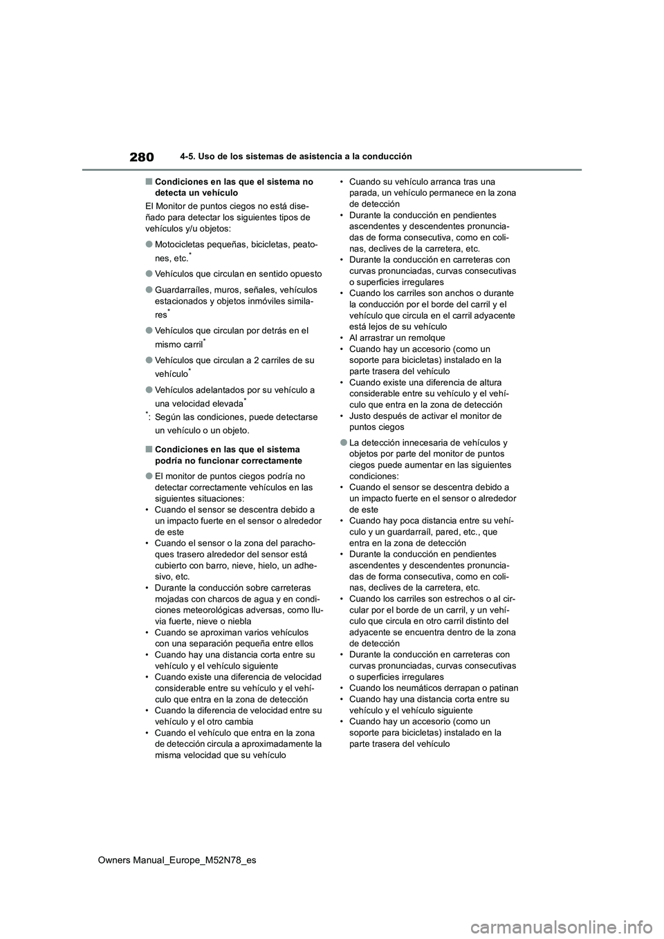 TOYOTA YARIS CROSS 2023  Manual del propietario (in Spanish) 280
Owners Manual_Europe_M52N78_es
4-5. Uso de los sistemas de asistencia a la conducción
■Condiciones en las que el sistema no  detecta un vehículo 
El Monitor de puntos ciegos no está dise- ña