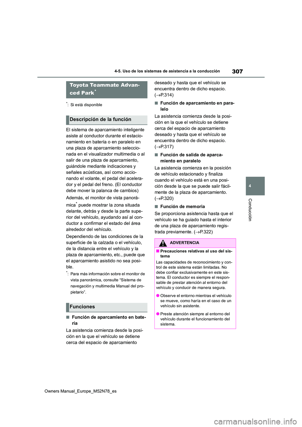 TOYOTA YARIS CROSS 2023  Manual del propietario (in Spanish) 307
4
Owners Manual_Europe_M52N78_es
4-5. Uso de los sistemas de asistencia a la conducción
Conducción
*: Si está disponible
El sistema de aparcamiento inteligente  
asiste al conductor durante el 