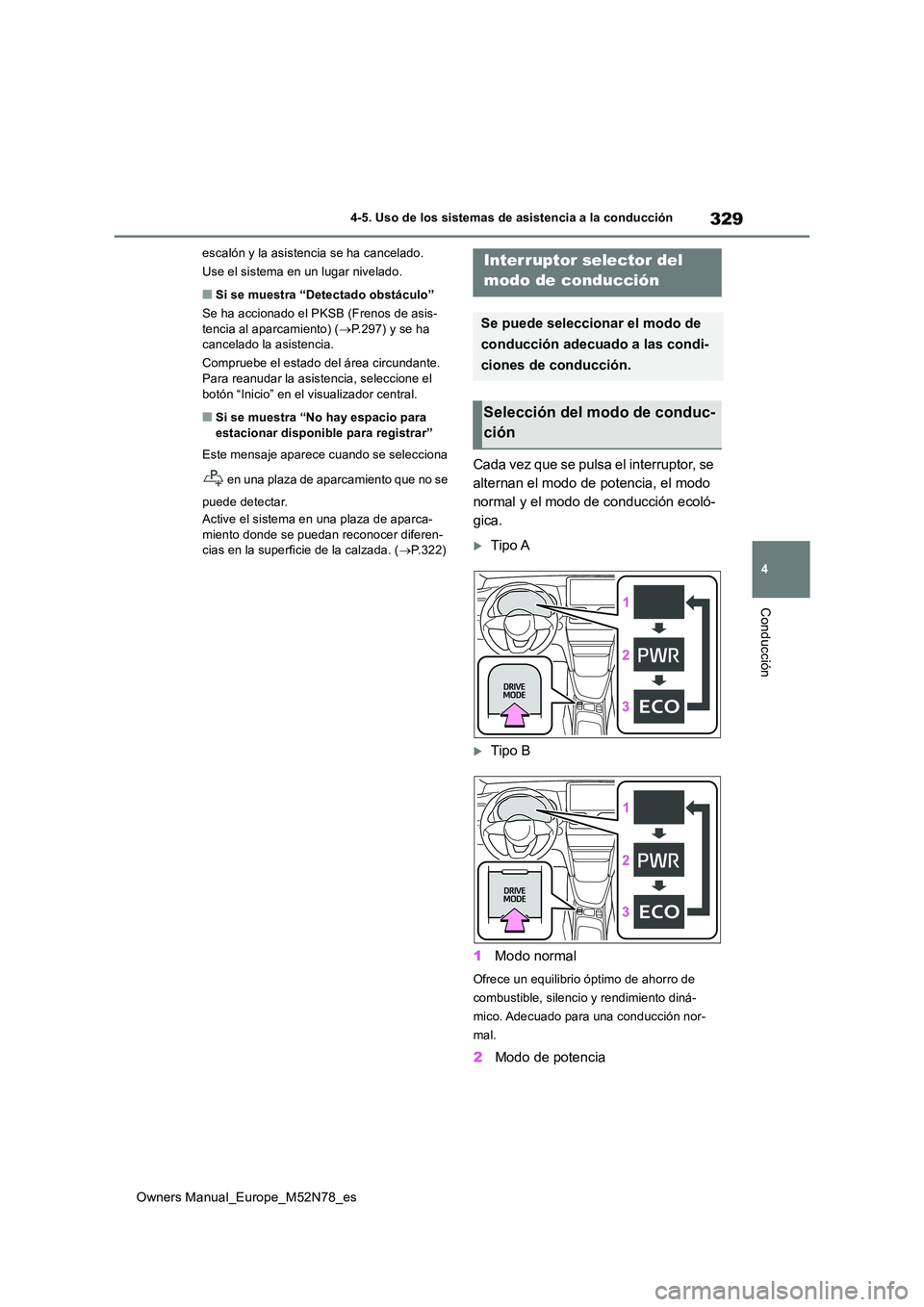 TOYOTA YARIS CROSS 2023  Manual del propietario (in Spanish) 329
4
Owners Manual_Europe_M52N78_es
4-5. Uso de los sistemas de asistencia a la conducción
Conducción
escalón y la asistencia se ha cancelado. 
Use el sistema en un lugar nivelado.
■Si se muestr