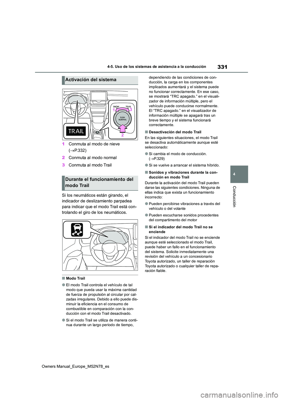 TOYOTA YARIS CROSS 2023  Manual del propietario (in Spanish) 331
4
Owners Manual_Europe_M52N78_es
4-5. Uso de los sistemas de asistencia a la conducción
Conducción
1Conmuta al modo de nieve  
( P.332) 
2 Conmuta al modo normal 
3 Conmuta al modo Trail 
Si 