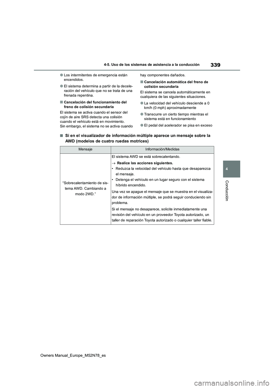 TOYOTA YARIS CROSS 2023 Manual del propietario (in Spanish) 339
4
Owners Manual_Europe_M52N78_es
4-5. Uso de los sistemas de asistencia a la conducción
Conducción
●Los intermitentes de emergencia están encendidos.
●El sistema determina a partir de la d TOYOTA YARIS CROSS 2023 Manual del propietario (in Spanish) 339
4
Owners Manual_Europe_M52N78_es
4-5. Uso de los sistemas de asistencia a la conducción
Conducción
●Los intermitentes de emergencia están encendidos.
●El sistema determina a partir de la d