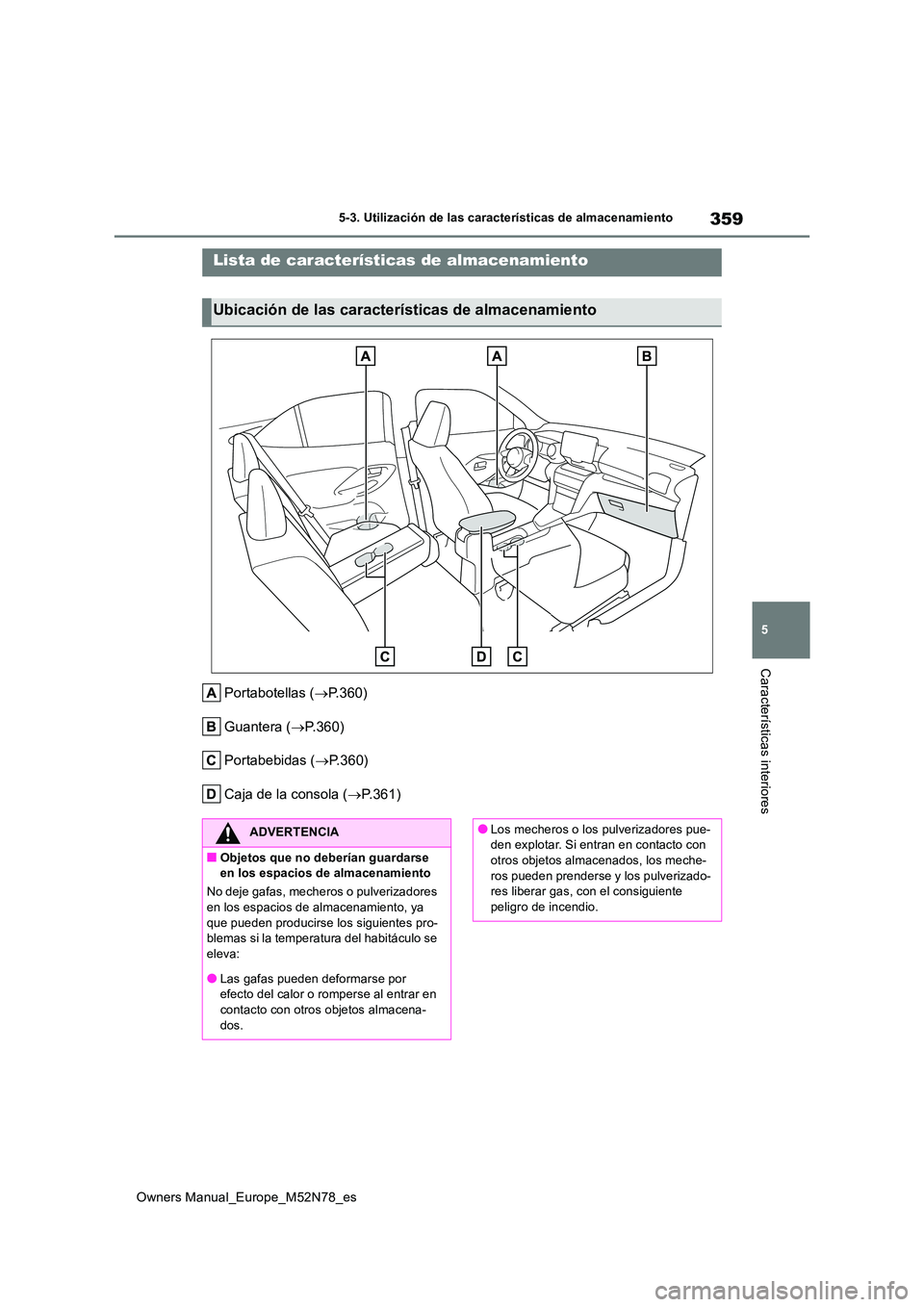 TOYOTA YARIS CROSS 2023 Manual del propietario (in Spanish) 359
5
Owners Manual_Europe_M52N78_es
5-3. Utilización de las características de almacenamiento
Características interiores
5-3.Utiliz ación de la s característic as de almacen amie nto
Portabotell TOYOTA YARIS CROSS 2023 Manual del propietario (in Spanish) 359
5
Owners Manual_Europe_M52N78_es
5-3. Utilización de las características de almacenamiento
Características interiores
5-3.Utiliz ación de la s característic as de almacen amie nto
Portabotell