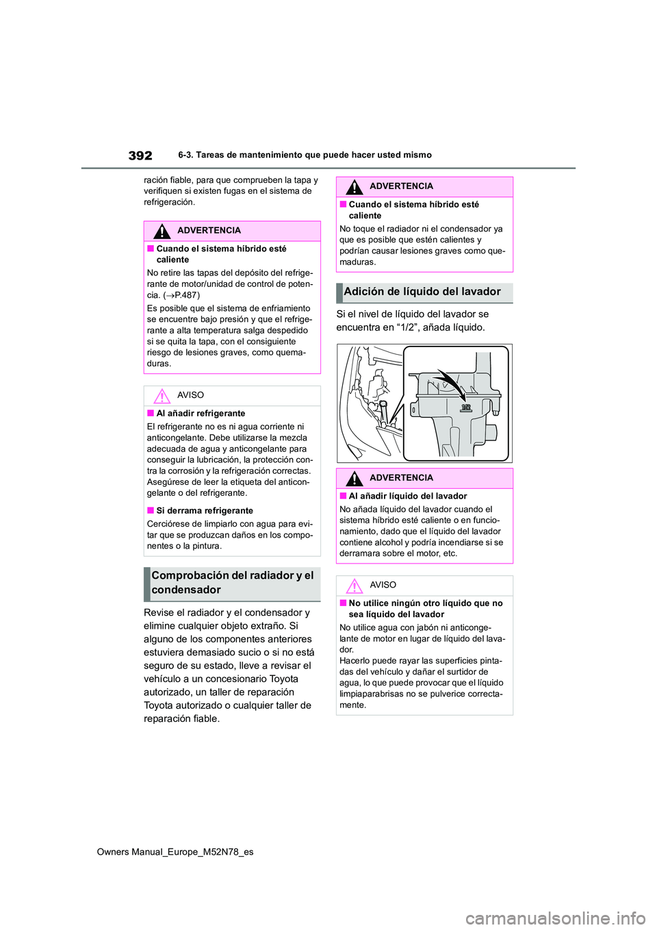 TOYOTA YARIS CROSS 2023  Manual del propietario (in Spanish) 392
Owners Manual_Europe_M52N78_es
6-3. Tareas de mantenimiento que puede hacer usted mismo 
ración fiable, para que comprueben la tapa y  verifiquen si existen fugas en el sistema de refrigeración.