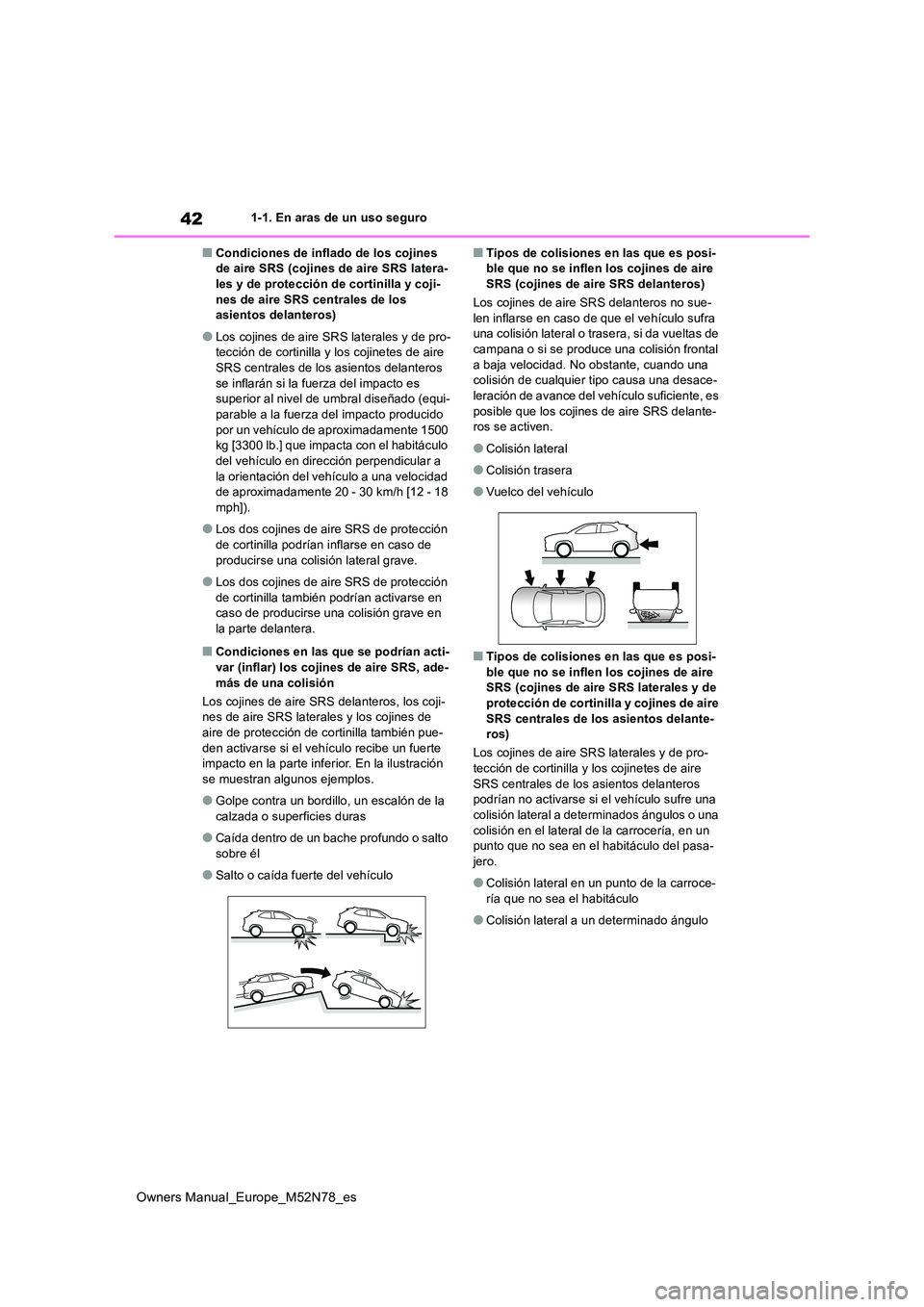 TOYOTA YARIS CROSS 2023 Manual del propietario (in Spanish) 42
Owners Manual_Europe_M52N78_es
1-1. En aras de un uso seguro
■Condiciones de inflado de los cojines de aire SRS (cojines de aire SRS latera-les y de protección de cortinilla y coji-
nes de air TOYOTA YARIS CROSS 2023 Manual del propietario (in Spanish) 42
Owners Manual_Europe_M52N78_es
1-1. En aras de un uso seguro
■Condiciones de inflado de los cojines de aire SRS (cojines de aire SRS latera-les y de protección de cortinilla y coji-
nes de air