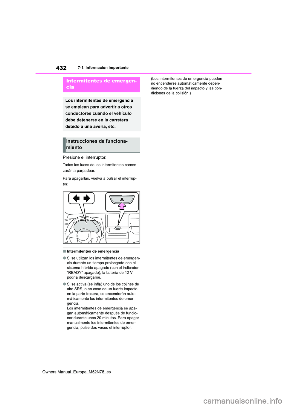 TOYOTA YARIS CROSS 2023  Manual del propietario (in Spanish) 432
Owners Manual_Europe_M52N78_es
7-1. Información importante
7-1.In formación impo rtante
Presione el interruptor.
Todas las luces de los intermitentes comen- 
zarán a parpadear. 
Para apagarlas,