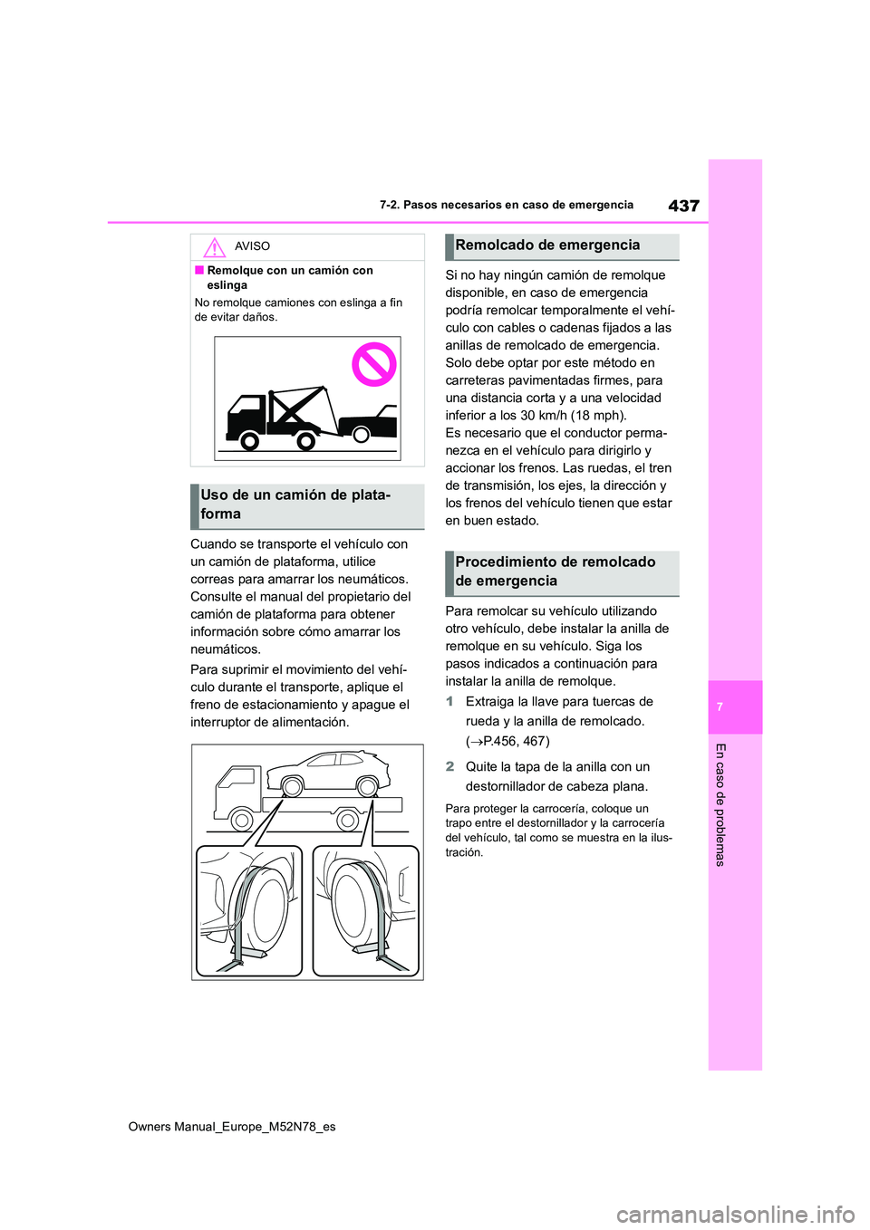 TOYOTA YARIS CROSS 2023  Manual del propietario (in Spanish) 437
7
Owners Manual_Europe_M52N78_es
7-2. Pasos necesarios en caso de emergencia
En caso de problemas
Cuando se transporte el vehículo con  
un camión de plataforma, utilice 
correas para amarrar lo