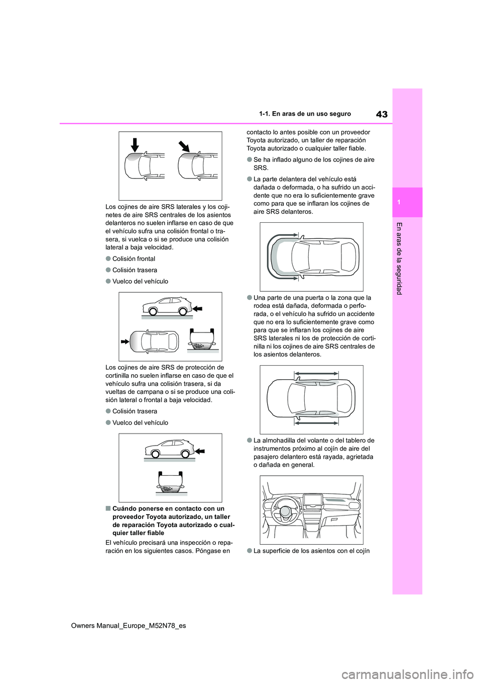 TOYOTA YARIS CROSS 2023 Manual del propietario (in Spanish) 43
1
Owners Manual_Europe_M52N78_es
1-1. En aras de un uso seguro
En aras de la seguridad
Los cojines de aire SRS laterales y los coji- netes de aire SRS centrales de los asientos delanteros no suelen TOYOTA YARIS CROSS 2023 Manual del propietario (in Spanish) 43
1
Owners Manual_Europe_M52N78_es
1-1. En aras de un uso seguro
En aras de la seguridad
Los cojines de aire SRS laterales y los coji- netes de aire SRS centrales de los asientos delanteros no suelen