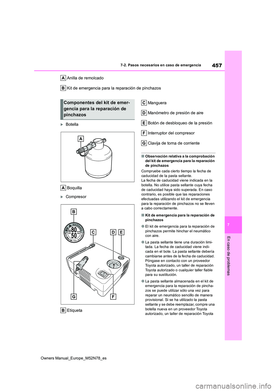 TOYOTA YARIS CROSS 2023 Manual del propietario (in Spanish) 457
7
Owners Manual_Europe_M52N78_es
7-2. Pasos necesarios en caso de emergencia
En caso de problemas
Anilla de remolcado
Kit de emergencia para la reparación de pinchazos
Botella
Boquilla
Co TOYOTA YARIS CROSS 2023 Manual del propietario (in Spanish) 457
7
Owners Manual_Europe_M52N78_es
7-2. Pasos necesarios en caso de emergencia
En caso de problemas
Anilla de remolcado
Kit de emergencia para la reparación de pinchazos
Botella
Boquilla
Co
