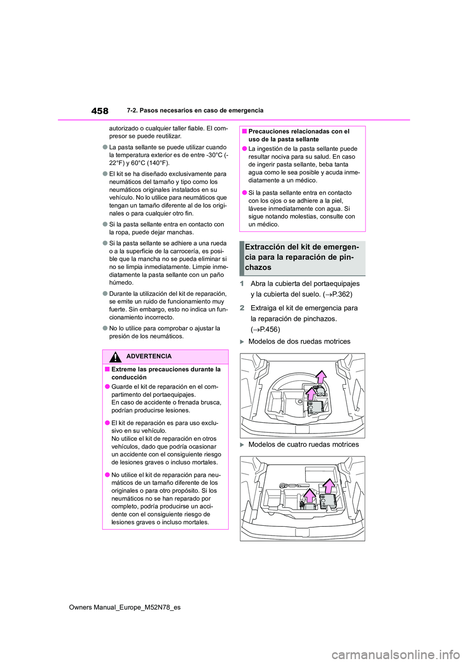 TOYOTA YARIS CROSS 2023 Manual del propietario (in Spanish) 458
Owners Manual_Europe_M52N78_es
7-2. Pasos necesarios en caso de emergencia
autorizado o cualquier taller fiable. El com- presor se puede reutilizar.
●La pasta sellante se puede utilizar cuando TOYOTA YARIS CROSS 2023 Manual del propietario (in Spanish) 458
Owners Manual_Europe_M52N78_es
7-2. Pasos necesarios en caso de emergencia
autorizado o cualquier taller fiable. El com- presor se puede reutilizar.
●La pasta sellante se puede utilizar cuando