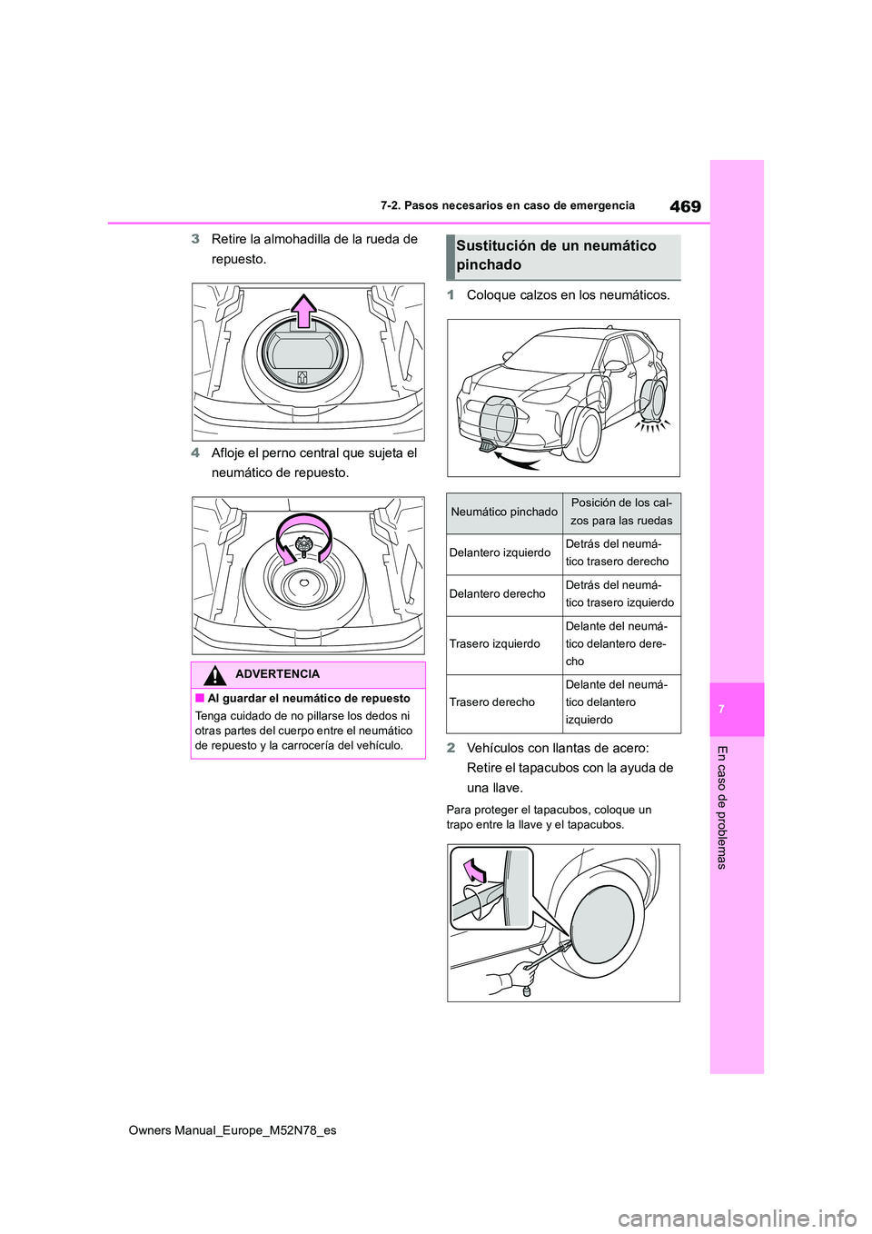 TOYOTA YARIS CROSS 2023 Manual del propietario (in Spanish) 469
7
Owners Manual_Europe_M52N78_es
7-2. Pasos necesarios en caso de emergencia
En caso de problemas
3Retire la almohadilla de la rueda de
repuesto.
4 Afloje el perno central que sujeta el
neum TOYOTA YARIS CROSS 2023 Manual del propietario (in Spanish) 469
7
Owners Manual_Europe_M52N78_es
7-2. Pasos necesarios en caso de emergencia
En caso de problemas
3Retire la almohadilla de la rueda de
repuesto.
4 Afloje el perno central que sujeta el
neum