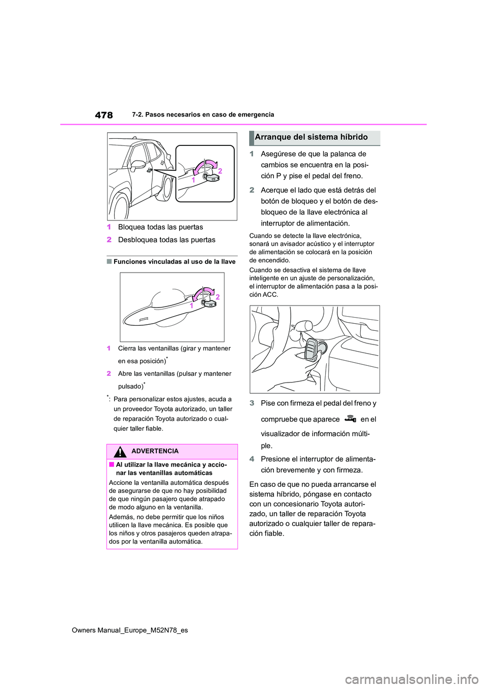 TOYOTA YARIS CROSS 2023 Manual del propietario (in Spanish) 478
Owners Manual_Europe_M52N78_es
7-2. Pasos necesarios en caso de emergencia
1Bloquea todas las puertas
2 Desbloquea todas las puertas
■Funciones vinculadas al uso de la llave
1 Cierra las venta TOYOTA YARIS CROSS 2023 Manual del propietario (in Spanish) 478
Owners Manual_Europe_M52N78_es
7-2. Pasos necesarios en caso de emergencia
1Bloquea todas las puertas
2 Desbloquea todas las puertas
■Funciones vinculadas al uso de la llave
1 Cierra las venta