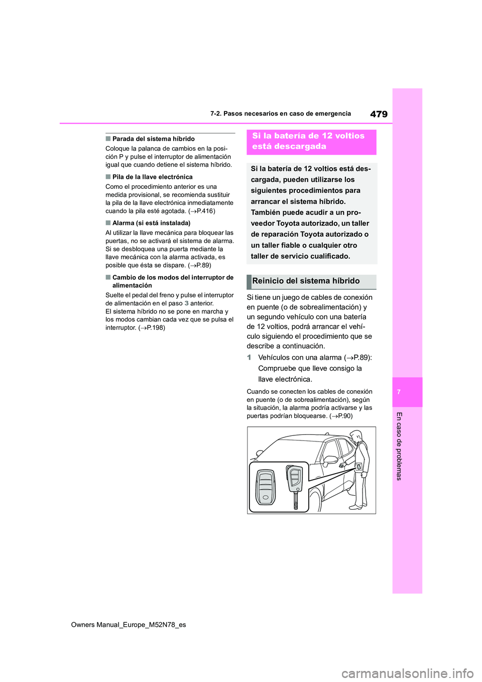 TOYOTA YARIS CROSS 2023 Manual del propietario (in Spanish) 479
7
Owners Manual_Europe_M52N78_es
7-2. Pasos necesarios en caso de emergencia
En caso de problemas
■Parada del sistema híbrido
Coloque la palanca de cambios en la posi- ción P y pulse el inter TOYOTA YARIS CROSS 2023 Manual del propietario (in Spanish) 479
7
Owners Manual_Europe_M52N78_es
7-2. Pasos necesarios en caso de emergencia
En caso de problemas
■Parada del sistema híbrido
Coloque la palanca de cambios en la posi- ción P y pulse el inter