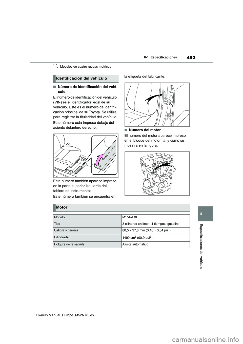 TOYOTA YARIS CROSS 2023 Manual del propietario (in Spanish) 493
8
Owners Manual_Europe_M52N78_es
8-1. Especificaciones
Especificaciones del vehículo
*10: Modelos de cuatro ruedas motrices
■Número de identificación del vehí-
culo
El número de identific TOYOTA YARIS CROSS 2023 Manual del propietario (in Spanish) 493
8
Owners Manual_Europe_M52N78_es
8-1. Especificaciones
Especificaciones del vehículo
*10: Modelos de cuatro ruedas motrices
■Número de identificación del vehí-
culo
El número de identific