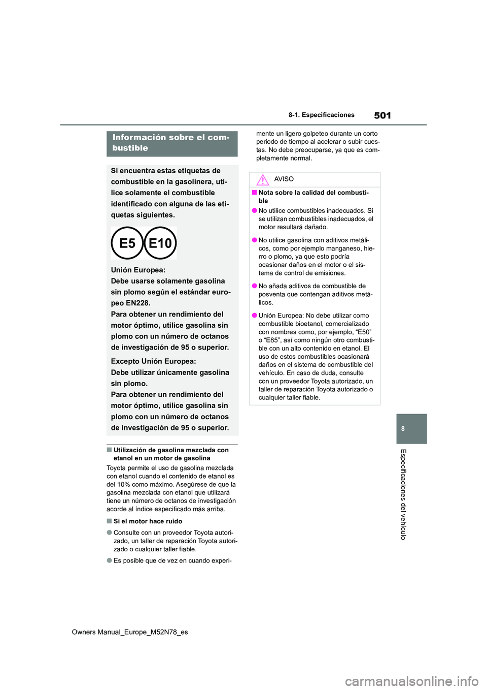 TOYOTA YARIS CROSS 2023 Manual del propietario (in Spanish) 501
8
Owners Manual_Europe_M52N78_es
8-1. Especificaciones
Especificaciones del vehículo■Utilización de gasolina mezclada con etanol en un motor de gasolina
Toyota permite el uso de gasolina mez TOYOTA YARIS CROSS 2023 Manual del propietario (in Spanish) 501
8
Owners Manual_Europe_M52N78_es
8-1. Especificaciones
Especificaciones del vehículo■Utilización de gasolina mezclada con etanol en un motor de gasolina
Toyota permite el uso de gasolina mez