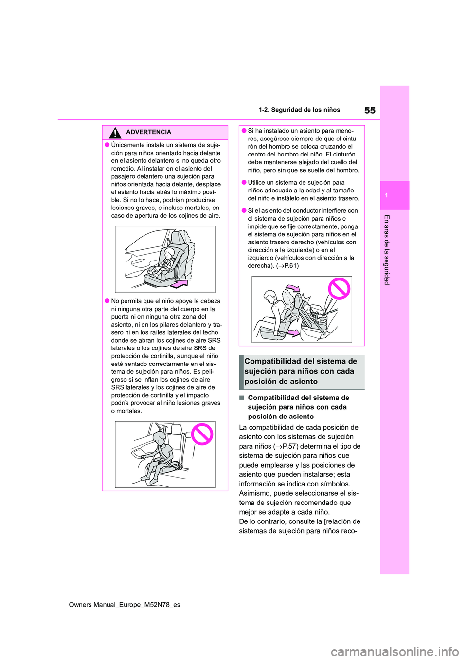 TOYOTA YARIS CROSS 2023 Manual del propietario (in Spanish) 55
1
Owners Manual_Europe_M52N78_es
1-2. Seguridad de los niños
En aras de la seguridad
■Compatibilidad del sistema de
sujeción para niños con cada
posición de asiento
La compatibilidad de c TOYOTA YARIS CROSS 2023 Manual del propietario (in Spanish) 55
1
Owners Manual_Europe_M52N78_es
1-2. Seguridad de los niños
En aras de la seguridad
■Compatibilidad del sistema de
sujeción para niños con cada
posición de asiento
La compatibilidad de c