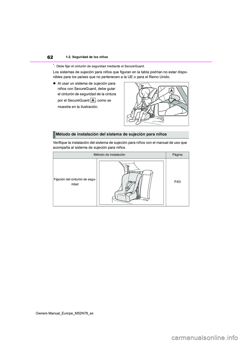 TOYOTA YARIS CROSS 2023  Manual del propietario (in Spanish) 62
Owners Manual_Europe_M52N78_es
1-2. Seguridad de los niños
*: Debe fijar el cinturón de seguridad mediante el SecureGuard.
Los sistemas de sujeción para niños que figuran en la tabla podrían n