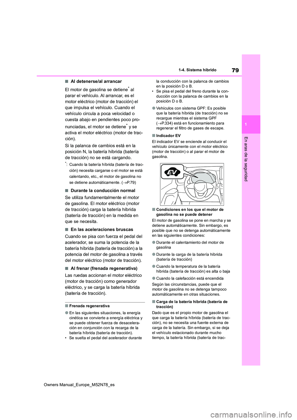 TOYOTA YARIS CROSS 2023 Manual del propietario (in Spanish) 79
1
Owners Manual_Europe_M52N78_es
1-4. Sistema híbrido
En aras de la seguridad
■Al detenerse/al arrancar
El motor de gasolina se detiene* al
parar el vehículo. Al arrancar, es el
motor eléc TOYOTA YARIS CROSS 2023 Manual del propietario (in Spanish) 79
1
Owners Manual_Europe_M52N78_es
1-4. Sistema híbrido
En aras de la seguridad
■Al detenerse/al arrancar
El motor de gasolina se detiene* al
parar el vehículo. Al arrancar, es el
motor eléc