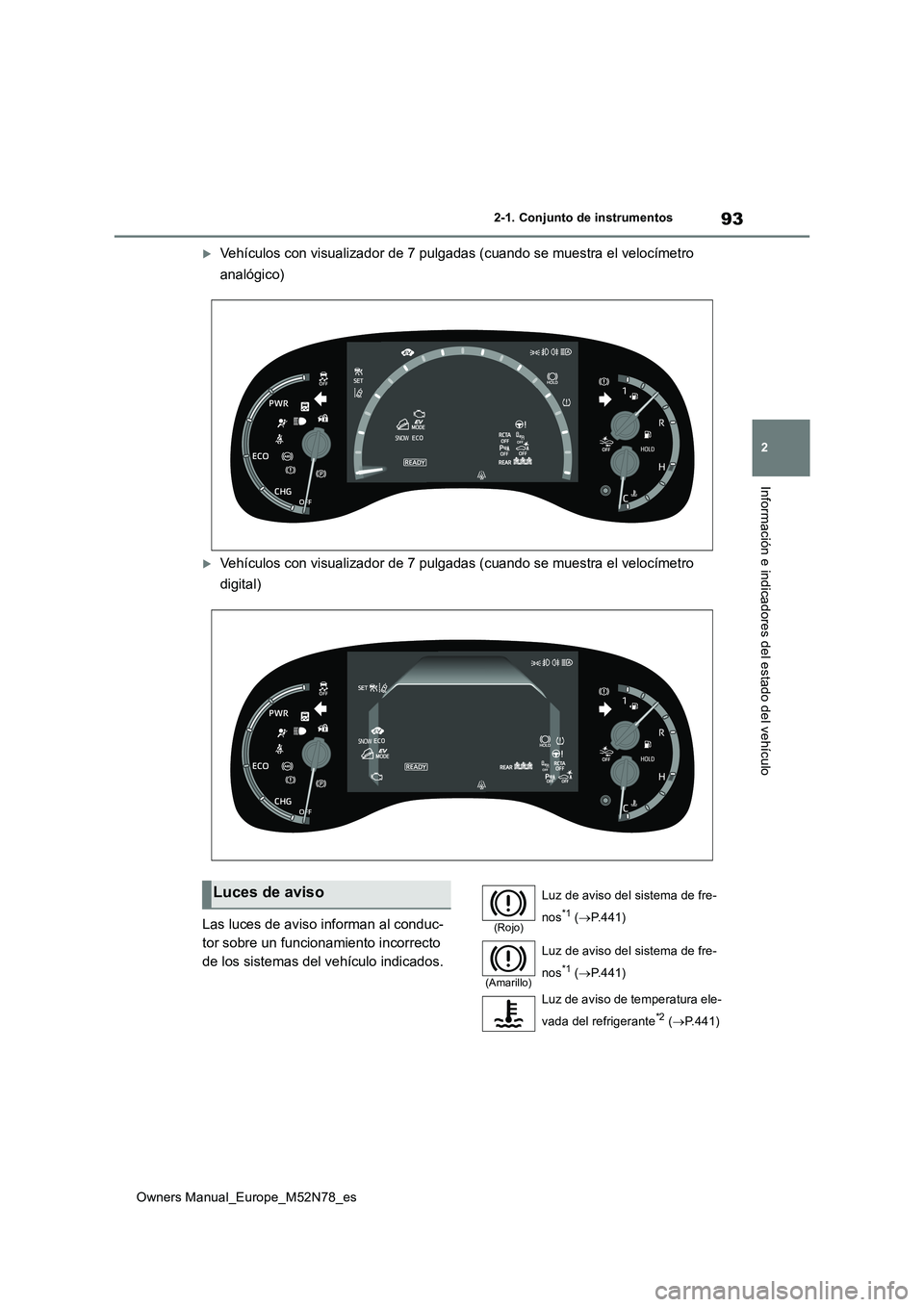 TOYOTA YARIS CROSS 2023 Manual del propietario (in Spanish) 93
2
Owners Manual_Europe_M52N78_es
2-1. Conjunto de instrumentos
Información e indicadores del estado del vehículo
Vehículos con visualizador de 7 pulgadas (cuando se muestra el velocímetro
TOYOTA YARIS CROSS 2023 Manual del propietario (in Spanish) 93
2
Owners Manual_Europe_M52N78_es
2-1. Conjunto de instrumentos
Información e indicadores del estado del vehículo
Vehículos con visualizador de 7 pulgadas (cuando se muestra el velocímetro