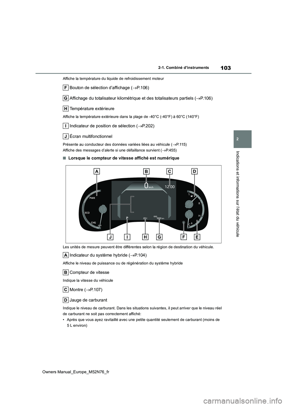 TOYOTA YARIS CROSS 2023 Manuel du propriétaire (in French) 103
2
Owners Manual_Europe_M52N76_fr
2-1. Combiné d’instruments
Indications et informations sur l’état du véhicule
Affiche la température du liquide de refroidissement moteur
Bouton de sélect TOYOTA YARIS CROSS 2023 Manuel du propriétaire (in French) 103
2
Owners Manual_Europe_M52N76_fr
2-1. Combiné d’instruments
Indications et informations sur l’état du véhicule
Affiche la température du liquide de refroidissement moteur
Bouton de sélect