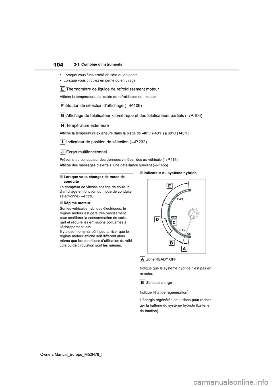 TOYOTA YARIS CROSS 2023 Manuel du propriétaire (in French) 104
Owners Manual_Europe_M52N76_fr
2-1. Combiné d’instruments
• Lorsque vous êtes arrêté en côte ou en pente
• Lorsque vous circulez en pente ou en virage
Thermomètre de liquide de refro TOYOTA YARIS CROSS 2023 Manuel du propriétaire (in French) 104
Owners Manual_Europe_M52N76_fr
2-1. Combiné d’instruments
• Lorsque vous êtes arrêté en côte ou en pente
• Lorsque vous circulez en pente ou en virage
Thermomètre de liquide de refro