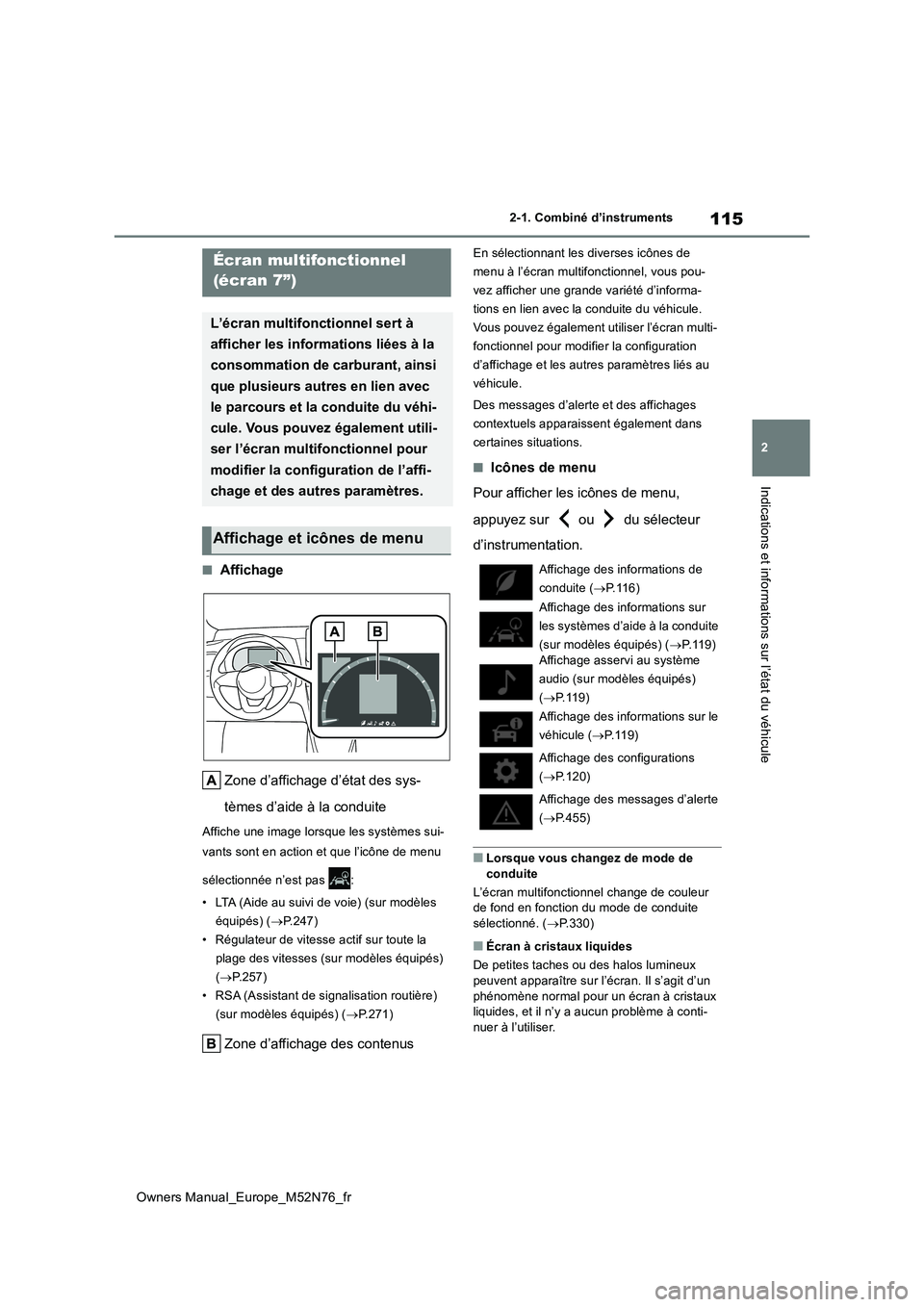 TOYOTA YARIS CROSS 2023 Manuel du propriétaire (in French) 115
2
Owners Manual_Europe_M52N76_fr
2-1. Combiné d’instruments
Indications et informations sur l’état du véhicule
■Affichage
Zone d’affichage d’état des sys-
tèmes d’aide à la con TOYOTA YARIS CROSS 2023 Manuel du propriétaire (in French) 115
2
Owners Manual_Europe_M52N76_fr
2-1. Combiné d’instruments
Indications et informations sur l’état du véhicule
■Affichage
Zone d’affichage d’état des sys-
tèmes d’aide à la con