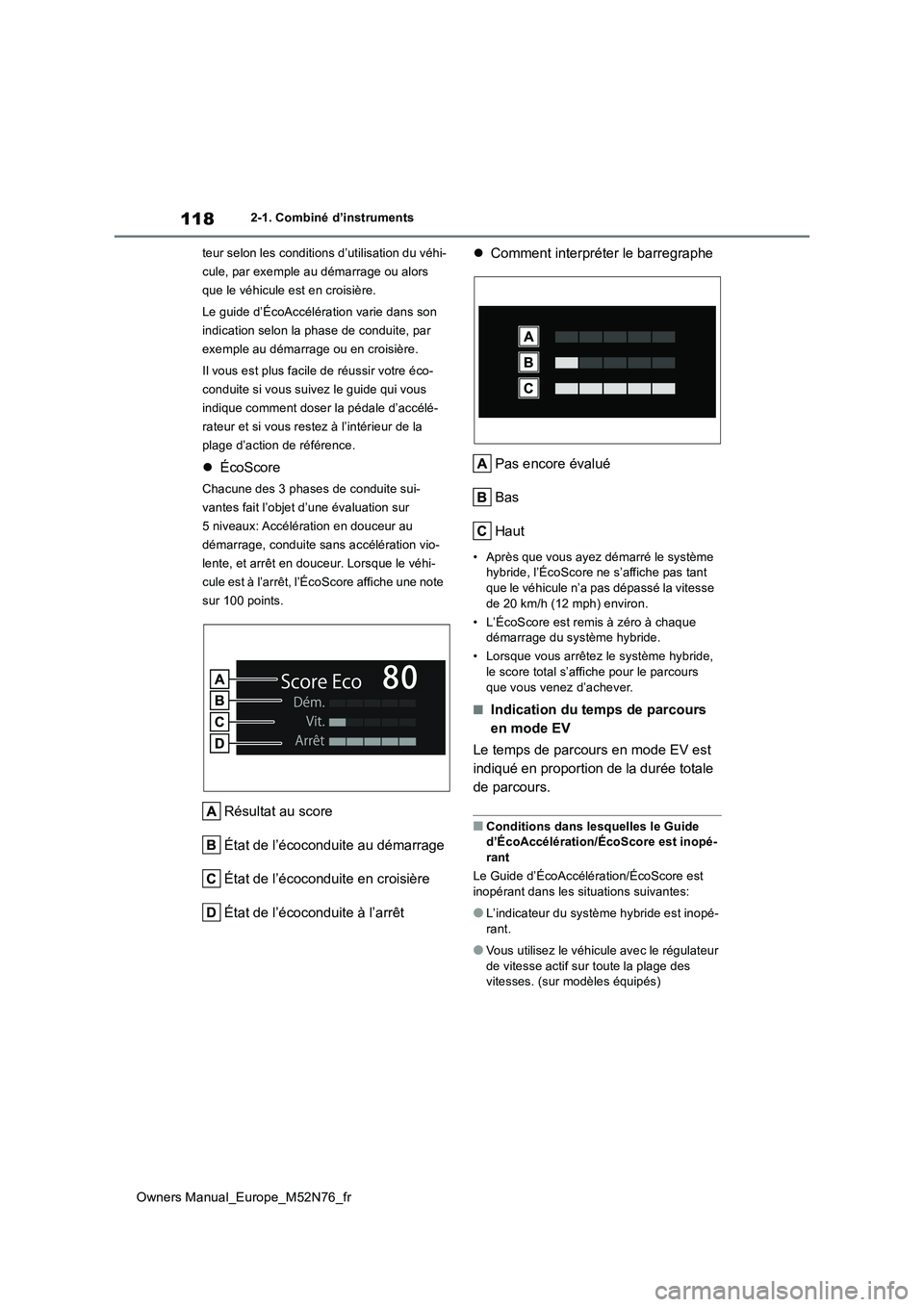TOYOTA YARIS CROSS 2023 Manuel du propriétaire (in French) 118
Owners Manual_Europe_M52N76_fr
2-1. Combiné d’instruments
teur selon les conditions d’utilisation du véhi-
cule, par exemple au démarrage ou alors
que le véhicule est en croisière.
Le TOYOTA YARIS CROSS 2023 Manuel du propriétaire (in French) 118
Owners Manual_Europe_M52N76_fr
2-1. Combiné d’instruments
teur selon les conditions d’utilisation du véhi-
cule, par exemple au démarrage ou alors
que le véhicule est en croisière.
Le