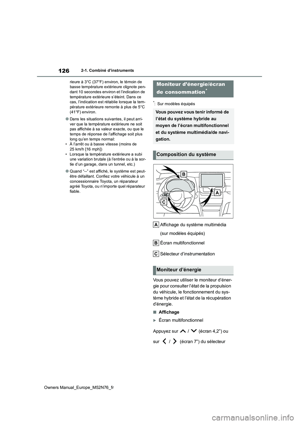 TOYOTA YARIS CROSS 2023 Manuel du propriétaire (in French) 126
Owners Manual_Europe_M52N76_fr
2-1. Combiné d’instruments
rieure à 3°C (37°F) environ, le témoin de basse température exté rieure clignote pen- dant 10 secondes environ et l’indicatio TOYOTA YARIS CROSS 2023 Manuel du propriétaire (in French) 126
Owners Manual_Europe_M52N76_fr
2-1. Combiné d’instruments
rieure à 3°C (37°F) environ, le témoin de basse température exté rieure clignote pen- dant 10 secondes environ et l’indicatio