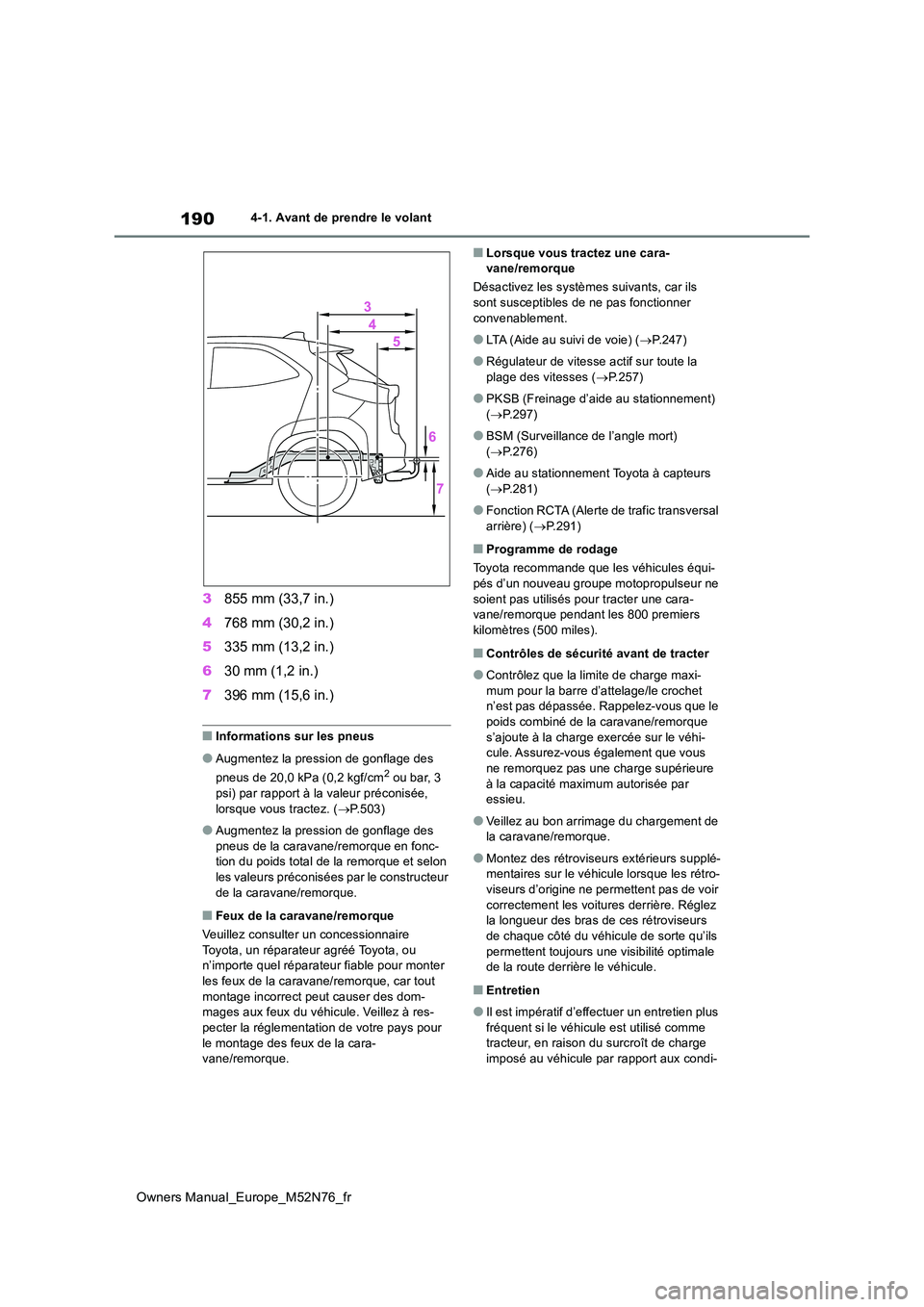 TOYOTA YARIS CROSS 2023 Manuel du propriétaire (in French) 190
Owners Manual_Europe_M52N76_fr
4-1. Avant de prendre le volant
3855 mm (33,7 in.)
4 768 mm (30,2 in.)
5 335 mm (13,2 in.)
6 30 mm (1,2 in.)
7 396 mm (15,6 in.)
■Informations sur les pneus
TOYOTA YARIS CROSS 2023 Manuel du propriétaire (in French) 190
Owners Manual_Europe_M52N76_fr
4-1. Avant de prendre le volant
3855 mm (33,7 in.)
4 768 mm (30,2 in.)
5 335 mm (13,2 in.)
6 30 mm (1,2 in.)
7 396 mm (15,6 in.)
■Informations sur les pneus