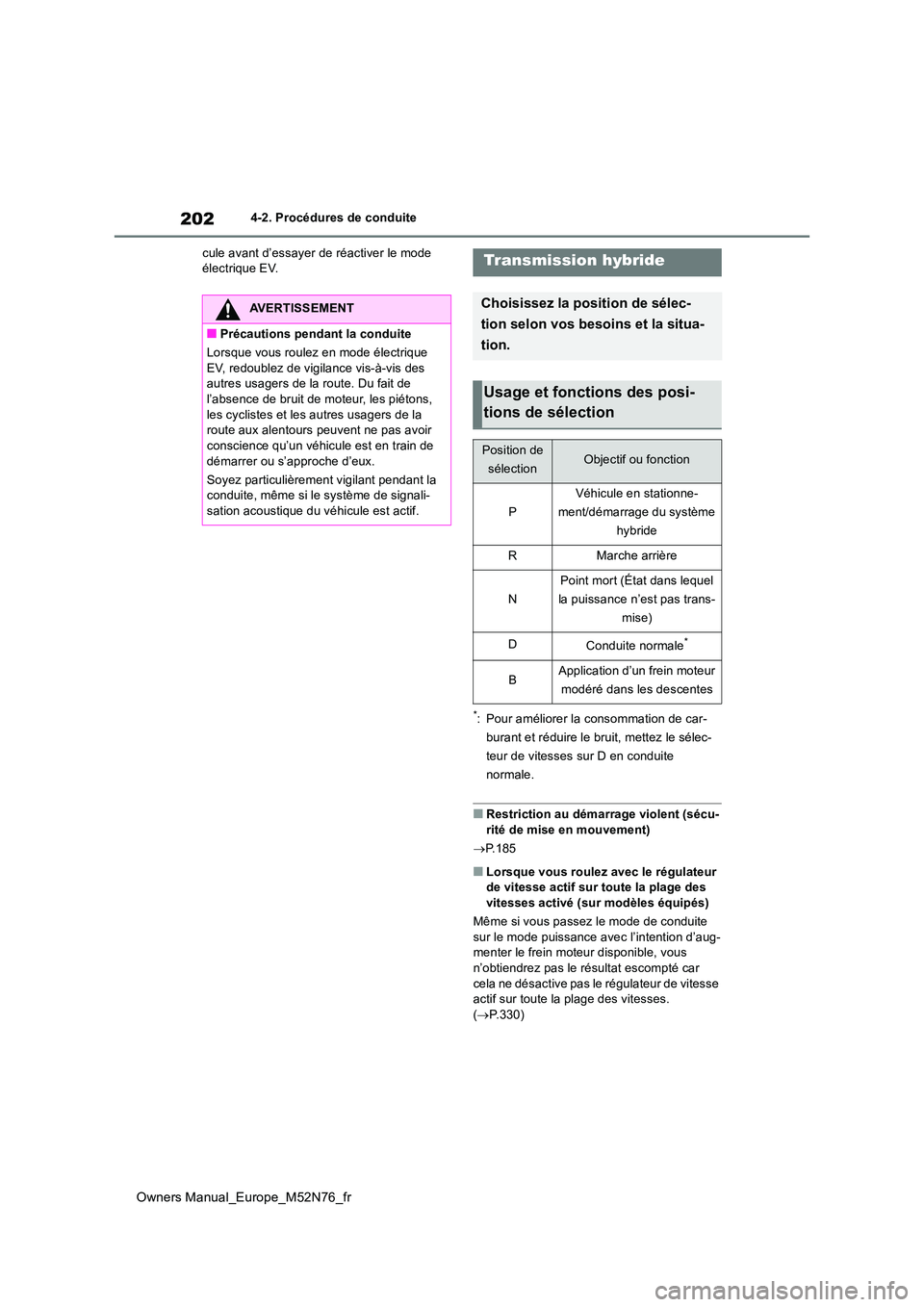 TOYOTA YARIS CROSS 2023 Manuel du propriétaire (in French) 202
Owners Manual_Europe_M52N76_fr
4-2. Procédures de conduite
cule avant d’essayer de réactiver le mode électrique EV.
*: Pour améliorer la consommation de car-
burant et réduire le bruit, TOYOTA YARIS CROSS 2023 Manuel du propriétaire (in French) 202
Owners Manual_Europe_M52N76_fr
4-2. Procédures de conduite
cule avant d’essayer de réactiver le mode électrique EV.
*: Pour améliorer la consommation de car-
burant et réduire le bruit,