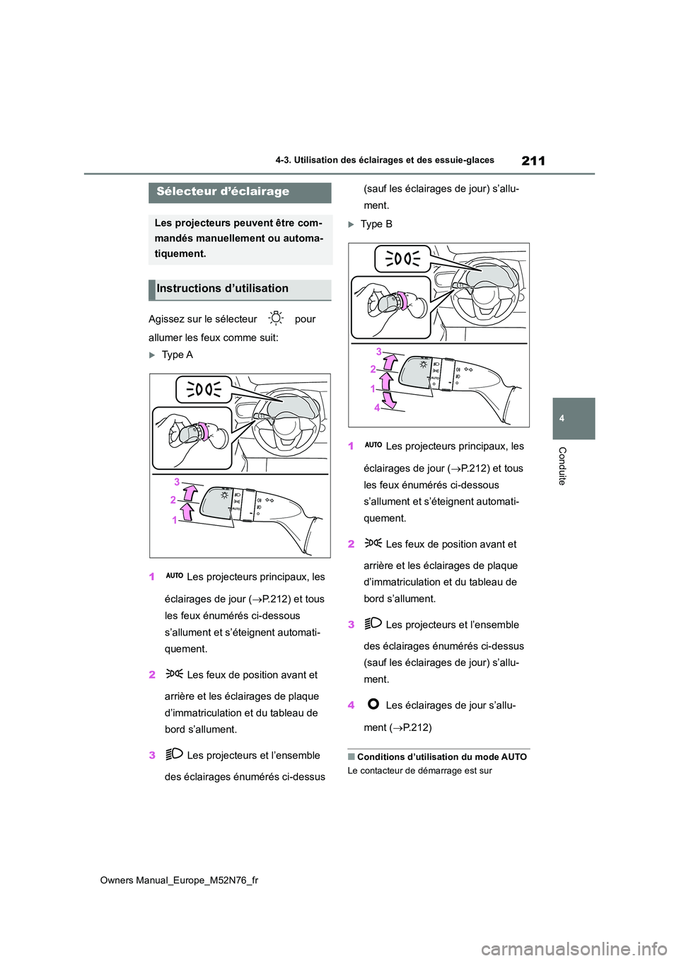 TOYOTA YARIS CROSS 2023 Manuel du propriétaire (in French) 211
4
Owners Manual_Europe_M52N76_fr
4-3. Utilisation des éclairages et des essuie-glaces
Conduite
4-3.Utilisation des éclairages et des essuie-glaces
Agissez sur le sélecteur pour
allumer les TOYOTA YARIS CROSS 2023 Manuel du propriétaire (in French) 211
4
Owners Manual_Europe_M52N76_fr
4-3. Utilisation des éclairages et des essuie-glaces
Conduite
4-3.Utilisation des éclairages et des essuie-glaces
Agissez sur le sélecteur pour
allumer les