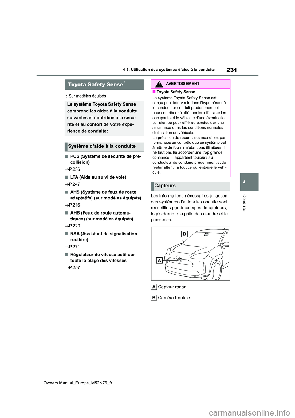 TOYOTA YARIS CROSS 2023 Manuel du propriétaire (in French) 231
4
Owners Manual_Europe_M52N76_fr
4-5. Utilisation des systèmes d’aide à la conduite
Conduite
4-5.Utilis ation des s ystèmes d’aide à la con duite
*: Sur modèles équipés
■PCS (Systèm TOYOTA YARIS CROSS 2023 Manuel du propriétaire (in French) 231
4
Owners Manual_Europe_M52N76_fr
4-5. Utilisation des systèmes d’aide à la conduite
Conduite
4-5.Utilis ation des s ystèmes d’aide à la con duite
*: Sur modèles équipés
■PCS (Systèm