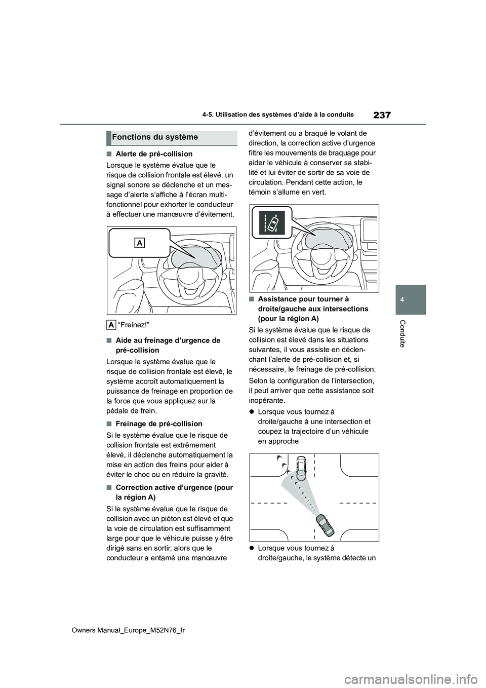 TOYOTA YARIS CROSS 2023 Manuel du propriétaire (in French) 237
4
Owners Manual_Europe_M52N76_fr
4-5. Utilisation des systèmes d’aide à la conduite
Conduite
■Alerte de pré-collision
Lorsque le système évalue que le
risque de collision frontale est TOYOTA YARIS CROSS 2023 Manuel du propriétaire (in French) 237
4
Owners Manual_Europe_M52N76_fr
4-5. Utilisation des systèmes d’aide à la conduite
Conduite
■Alerte de pré-collision
Lorsque le système évalue que le
risque de collision frontale est