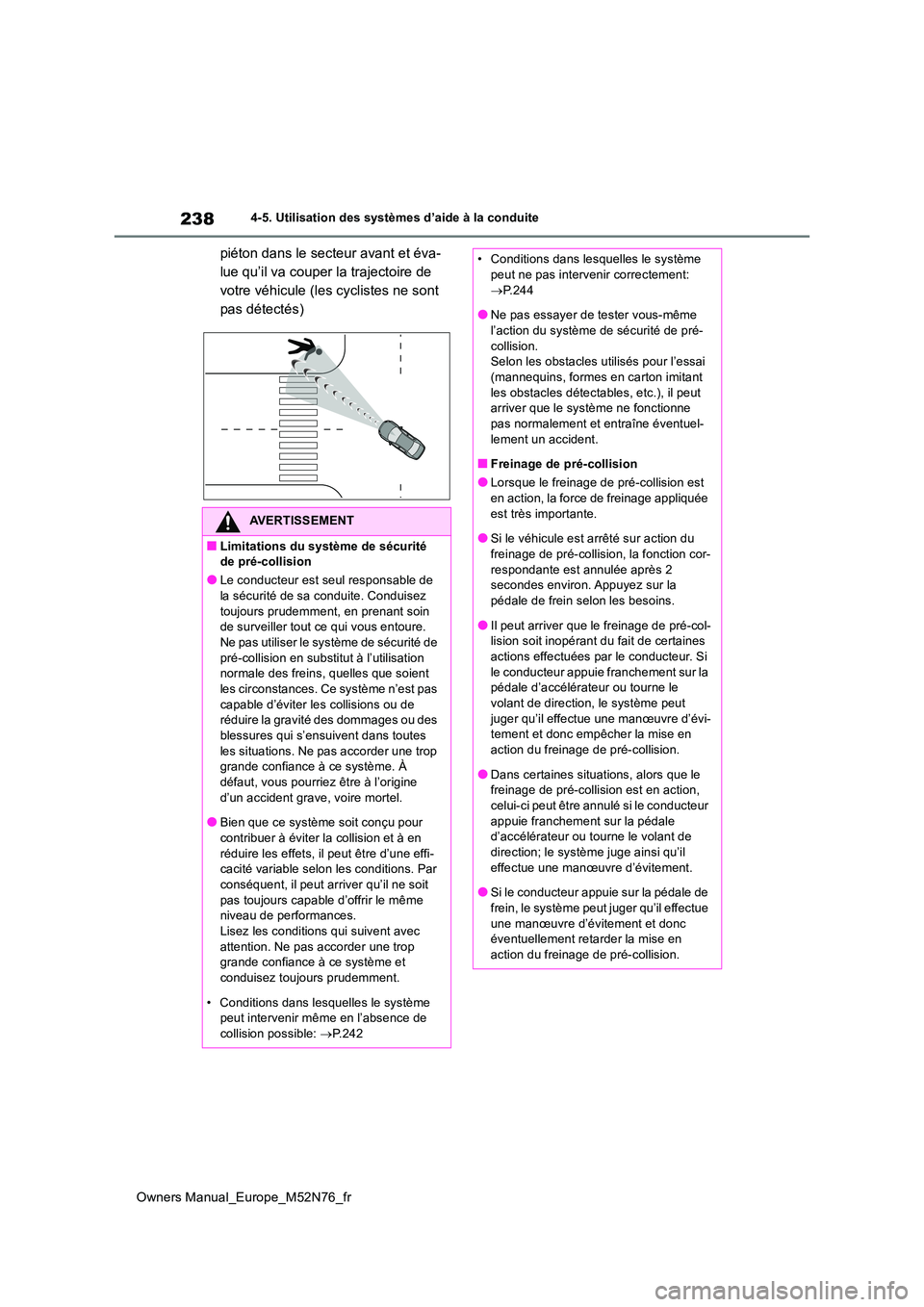 TOYOTA YARIS CROSS 2023 Manuel du propriétaire (in French) 238
Owners Manual_Europe_M52N76_fr
4-5. Utilisation des systèmes d’aide à la conduite
piéton dans le secteur avant et éva-
lue qu’il va couper la trajectoire de
votre véhicule (les cycliste TOYOTA YARIS CROSS 2023 Manuel du propriétaire (in French) 238
Owners Manual_Europe_M52N76_fr
4-5. Utilisation des systèmes d’aide à la conduite
piéton dans le secteur avant et éva-
lue qu’il va couper la trajectoire de
votre véhicule (les cycliste