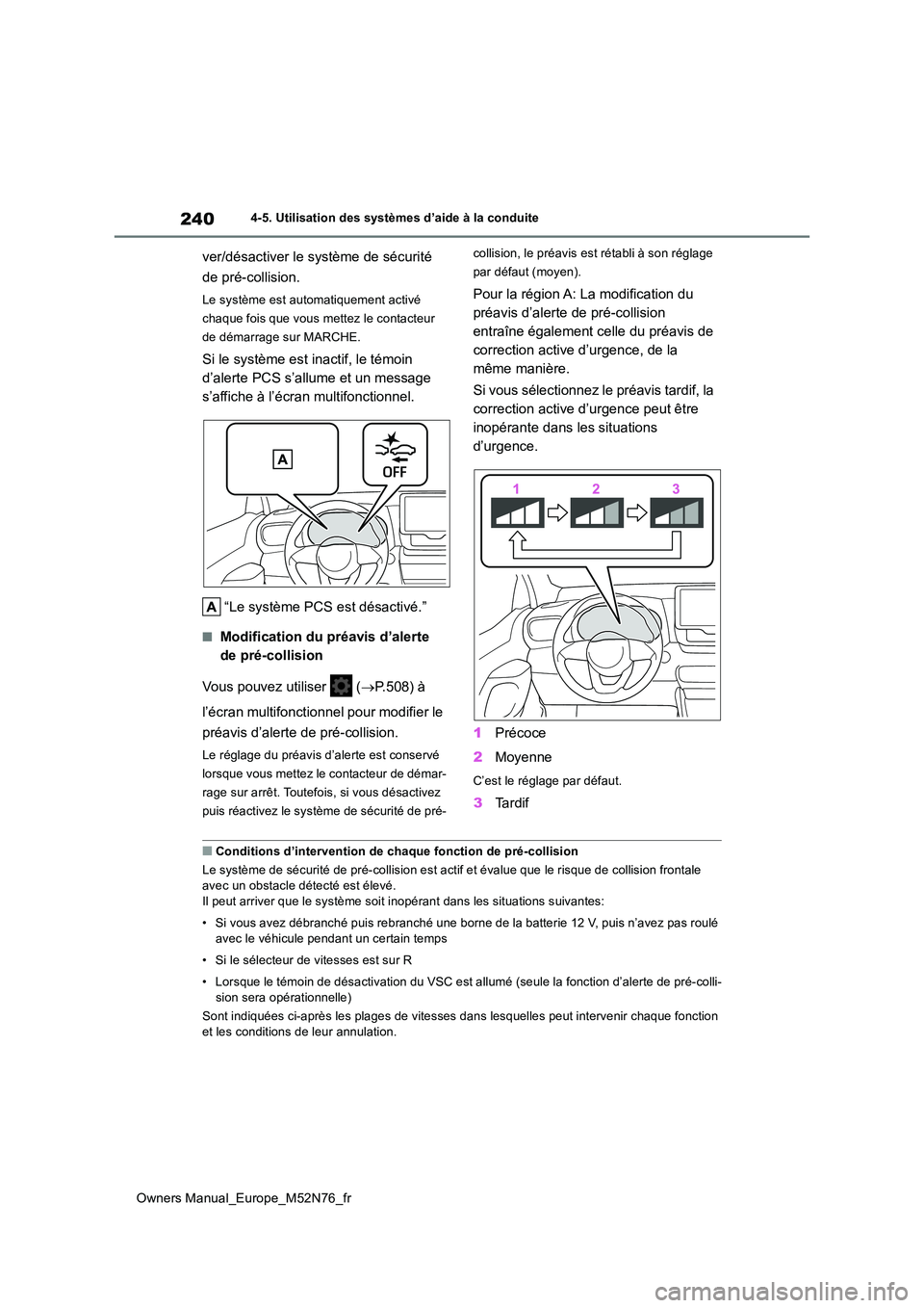 TOYOTA YARIS CROSS 2023 Manuel du propriétaire (in French) 240
Owners Manual_Europe_M52N76_fr
4-5. Utilisation des systèmes d’aide à la conduite
ver/désactiver le système de sécurité
de pré-collision.
Le système est automatiquement activé
chaqu TOYOTA YARIS CROSS 2023 Manuel du propriétaire (in French) 240
Owners Manual_Europe_M52N76_fr
4-5. Utilisation des systèmes d’aide à la conduite
ver/désactiver le système de sécurité
de pré-collision.
Le système est automatiquement activé
chaqu