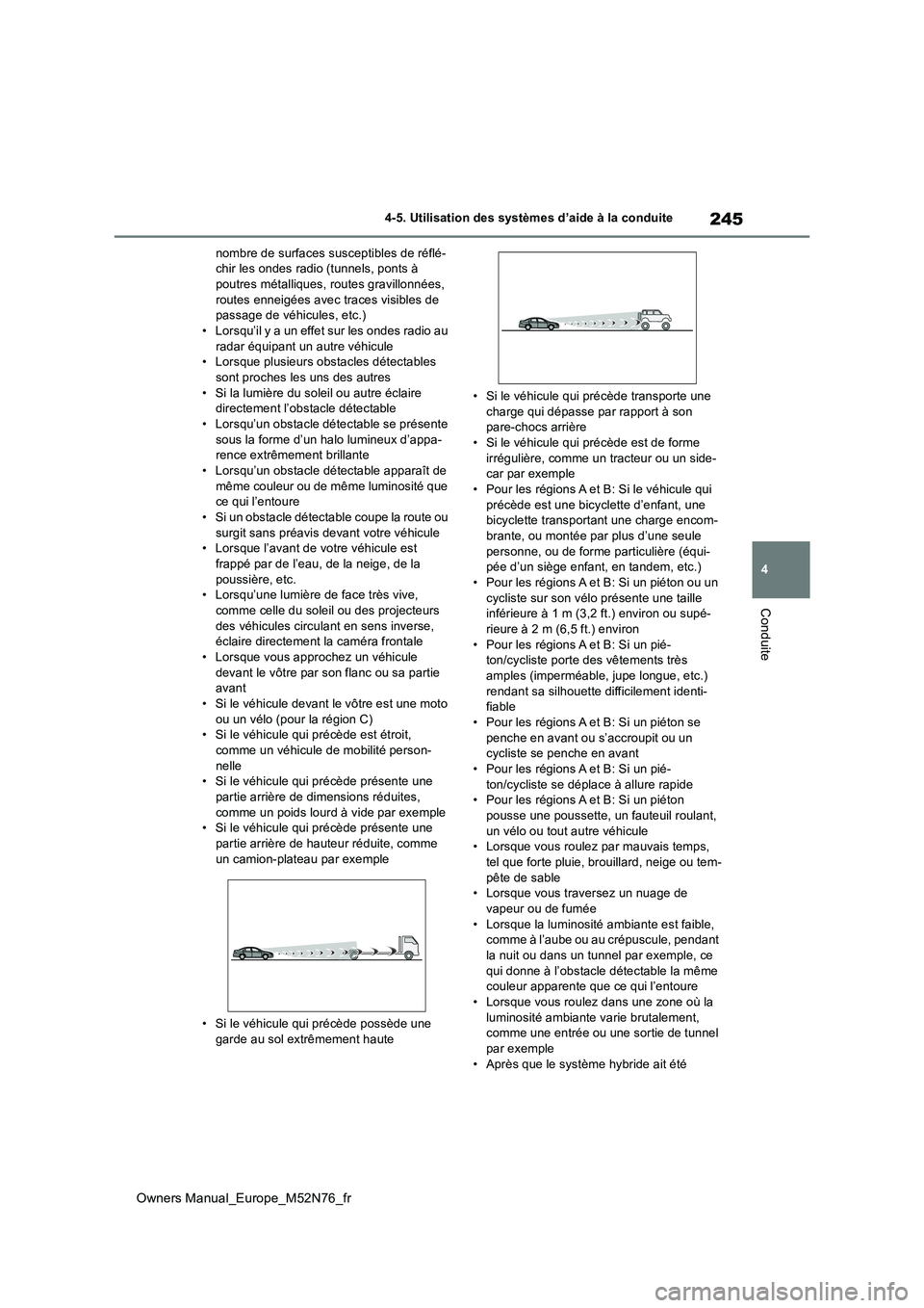 TOYOTA YARIS CROSS 2023 Manuel du propriétaire (in French) 245
4
Owners Manual_Europe_M52N76_fr
4-5. Utilisation des systèmes d’aide à la conduite
Conduite
nombre de surfaces susceptibles de réflé- chir les ondes radio (tunnels, ponts à poutres métall TOYOTA YARIS CROSS 2023 Manuel du propriétaire (in French) 245
4
Owners Manual_Europe_M52N76_fr
4-5. Utilisation des systèmes d’aide à la conduite
Conduite
nombre de surfaces susceptibles de réflé- chir les ondes radio (tunnels, ponts à poutres métall