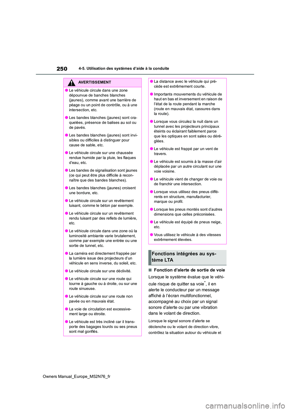 TOYOTA YARIS CROSS 2023  Manuel du propriétaire (in French) 250
Owners Manual_Europe_M52N76_fr
4-5. Utilisation des systèmes d’aide à la conduite
■Fonction d’alerte de sortie de voie 
Lorsque le système évalue que le véhi- 
cule risque de quitter sa