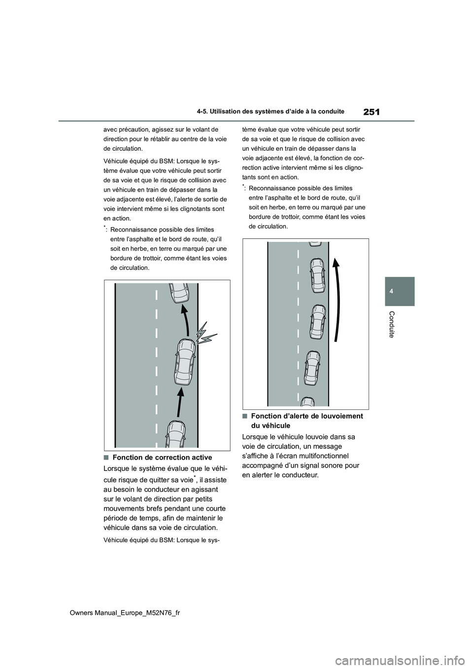 TOYOTA YARIS CROSS 2023  Manuel du propriétaire (in French) 251
4
Owners Manual_Europe_M52N76_fr
4-5. Utilisation des systèmes d’aide à la conduite
Conduite
avec précaution, agissez sur le volant de  
direction pour le rétablir au centre de la voie 
de c