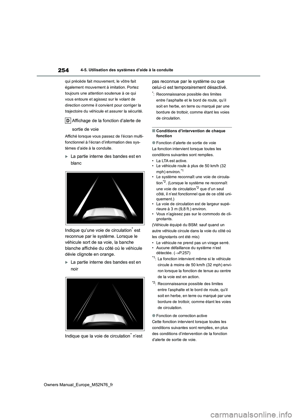 TOYOTA YARIS CROSS 2023  Manuel du propriétaire (in French) 254
Owners Manual_Europe_M52N76_fr
4-5. Utilisation des systèmes d’aide à la conduite 
qui précède fait mouvement, le vôtre fait  
également mouvement à imitation. Portez 
toujours une attent